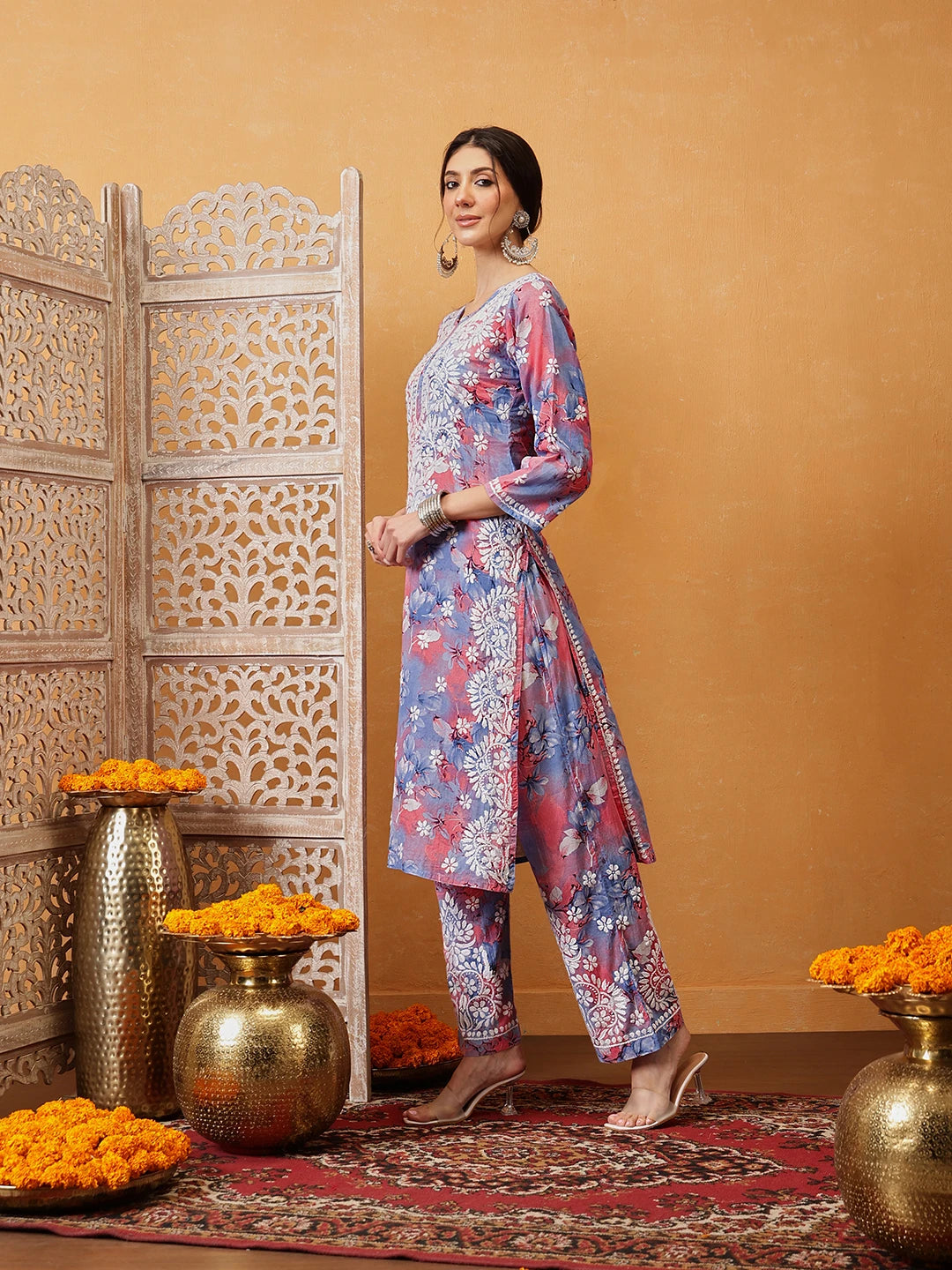 Ada Hand Embroidered Floral Printed Carrot Pink and Blue Cotton Lucknowi Chikankari Co-Ord Set A811311