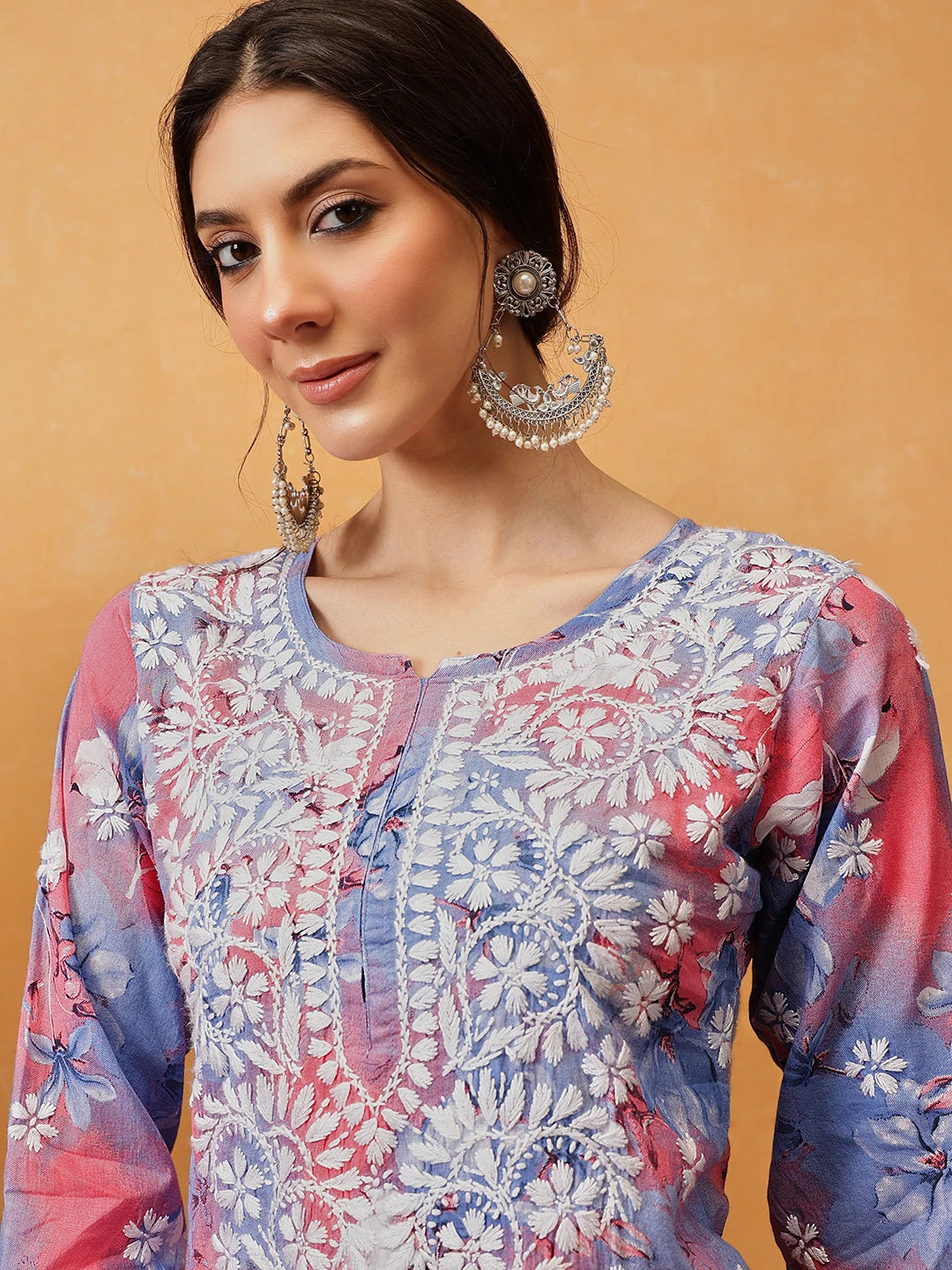 Ada Hand Embroidered Floral Printed Carrot Pink and Blue Cotton Lucknowi Chikankari Co-Ord Set A811311