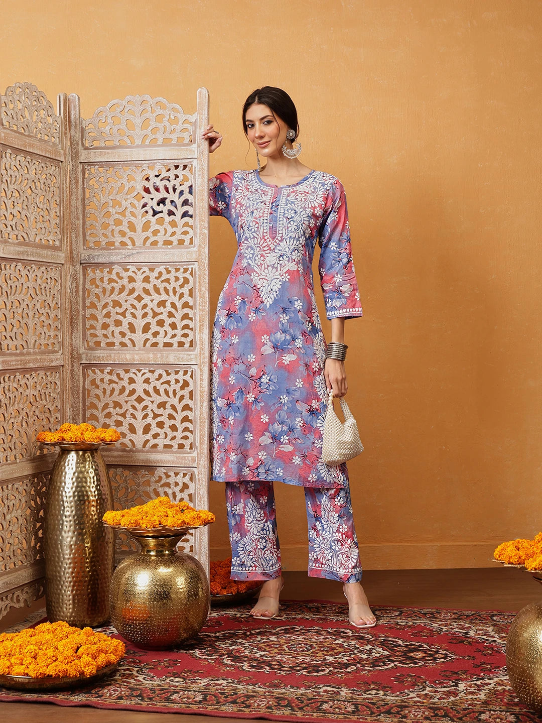 Ada Hand Embroidered Floral Printed Carrot Pink and Blue Cotton Lucknowi Chikankari Co-Ord Set A811311