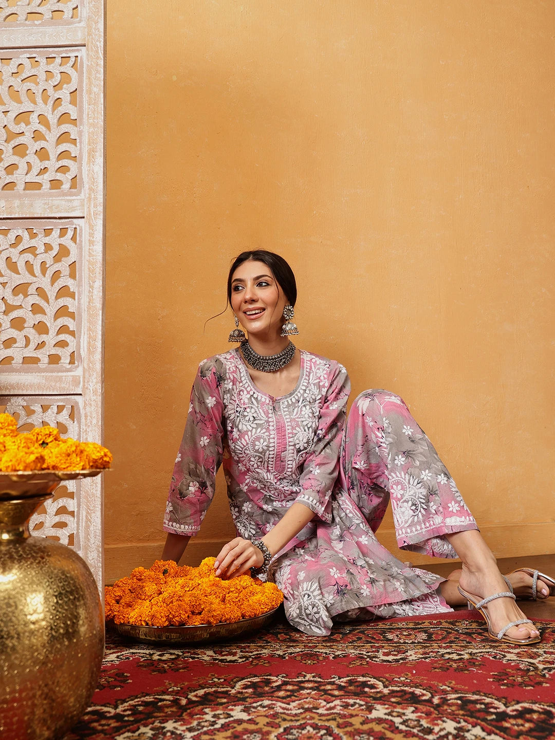 Ada Hand Embroidered Floral Printed Pink and Grey Cotton Lucknowi Chikankari Co-Ord Set A811314