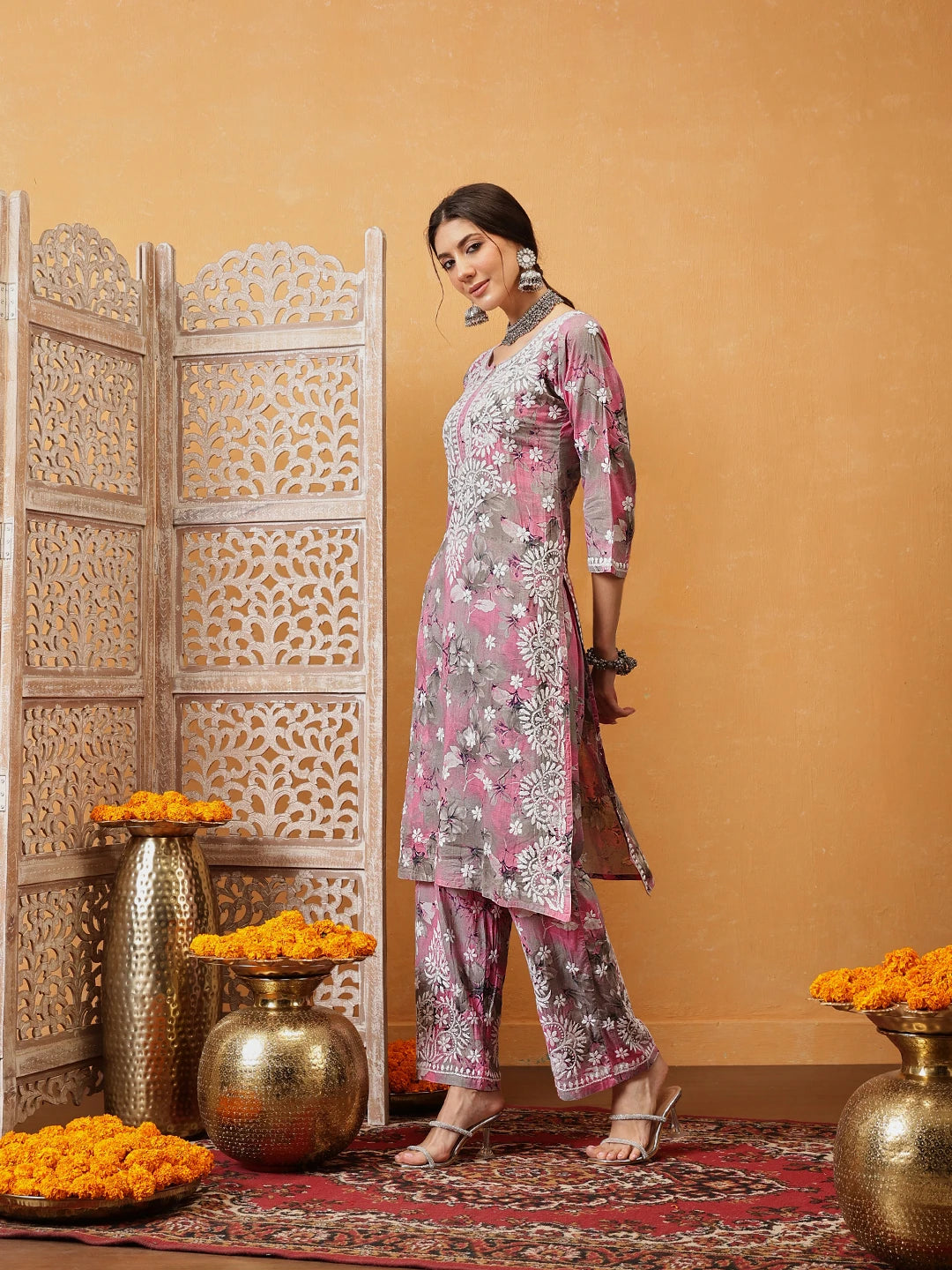 Ada Hand Embroidered Floral Printed Pink and Grey Cotton Lucknowi Chikankari Co-Ord Set A811314