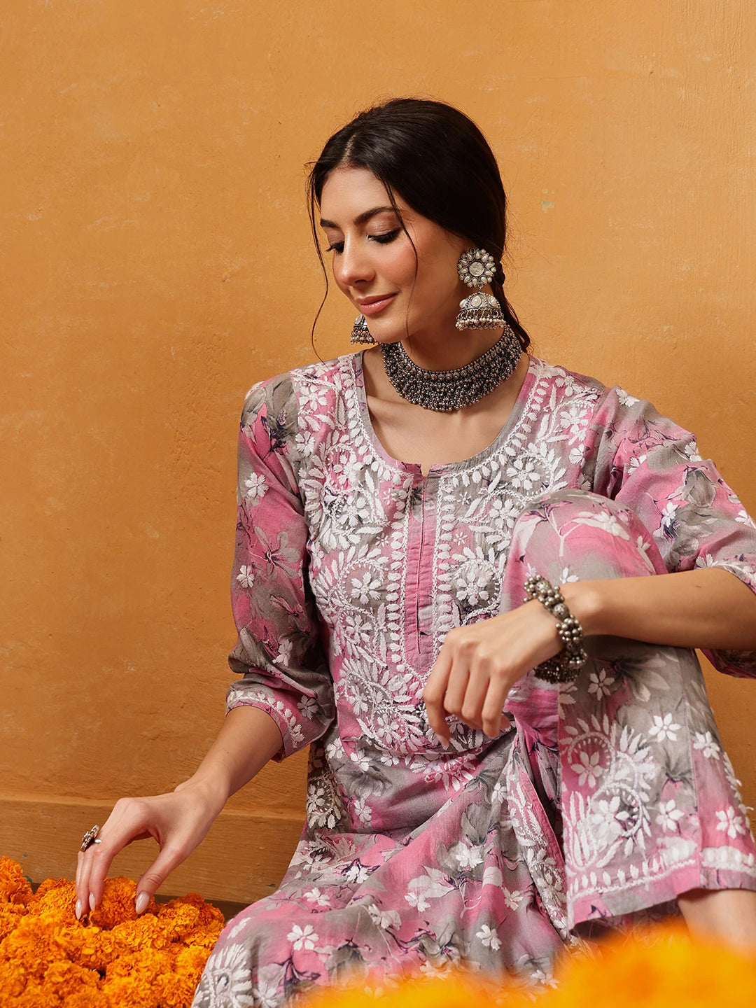 Ada Hand Embroidered Floral Printed Pink and Grey Cotton Lucknowi Chikankari Co-Ord Set A811314