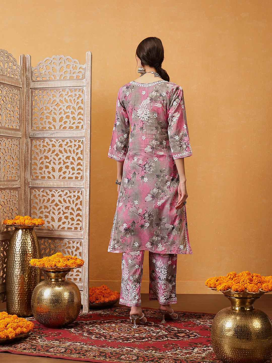 Ada Hand Embroidered Floral Printed Pink and Grey Cotton Lucknowi Chikankari Co-Ord Set A811314