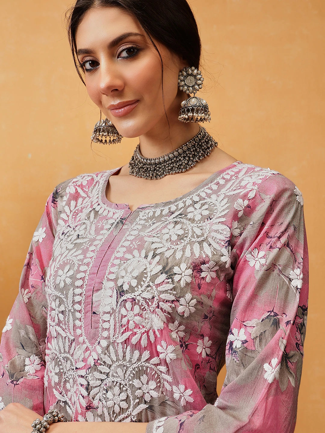 Ada Hand Embroidered Floral Printed Pink and Grey Cotton Lucknowi Chikankari Co-Ord Set A811314