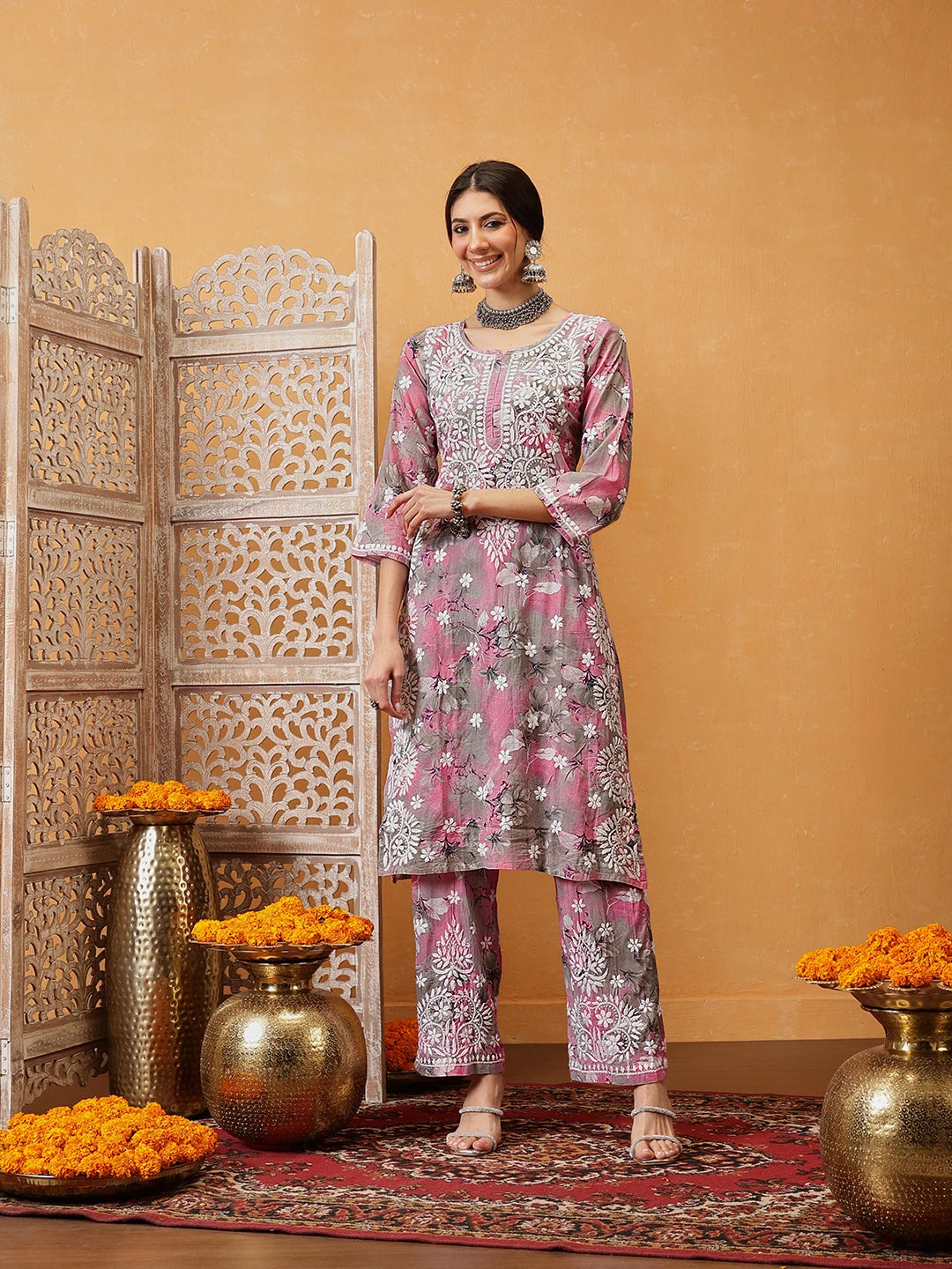 Ada Hand Embroidered Floral Printed Pink and Grey Cotton Lucknowi Chikankari Co-Ord Set A811314
