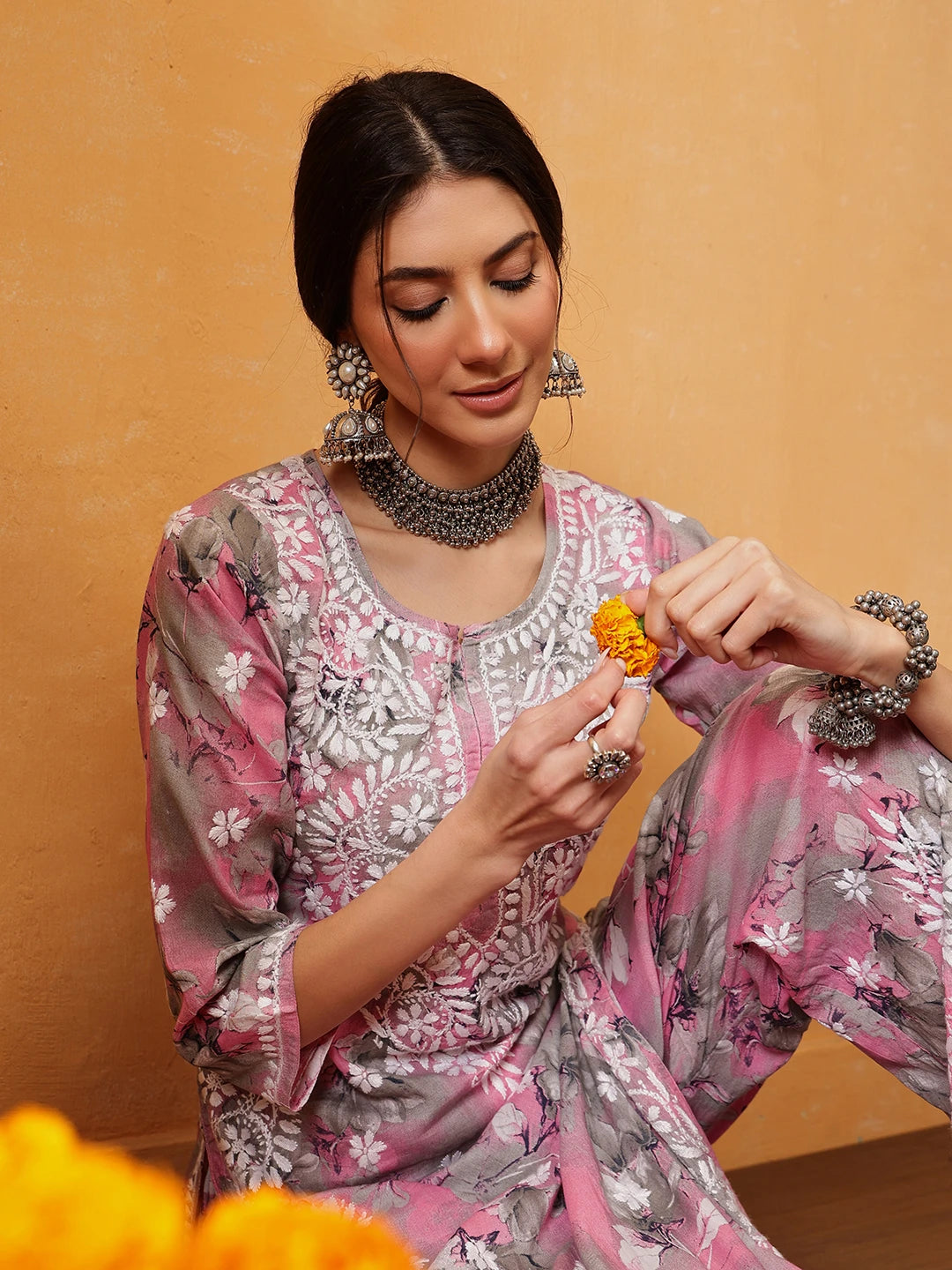 Ada Hand Embroidered Floral Printed Pink and Grey Cotton Lucknowi Chikankari Co-Ord Set A811314