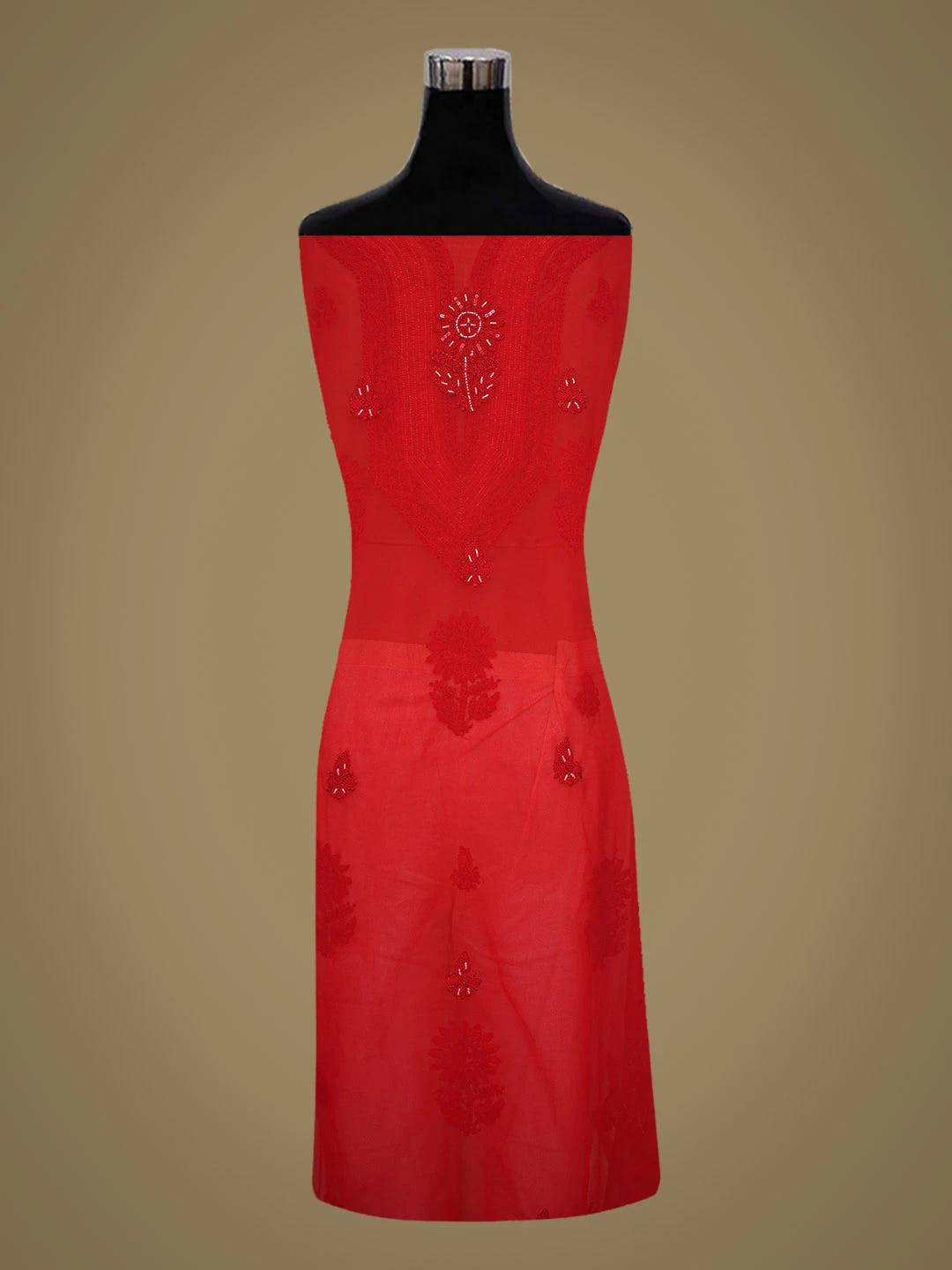 Ada Hand Embroidered Red Georgette Lucknowi Chikankari Unstitched Suit Piece With Cutdana Work 01A713315
