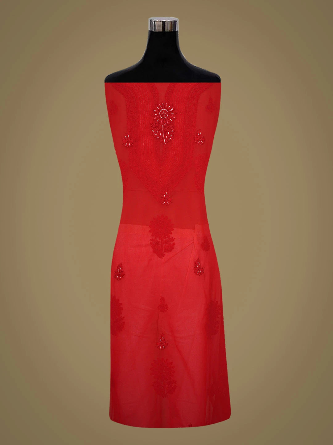 Ada Hand Embroidered Red Georgette Lucknowi Chikankari Unstitched Suit Piece With Cutdana Work 01A713315