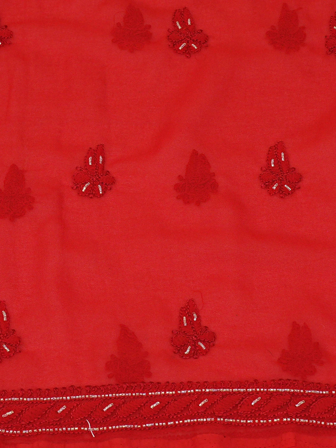 Ada Hand Embroidered Red Georgette Lucknowi Chikankari Unstitched Suit Piece With Cutdana Work 01A713315