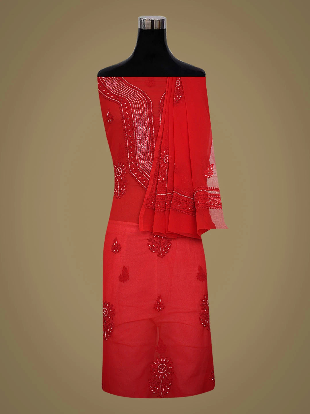 Ada Hand Embroidered Red Georgette Lucknowi Chikankari Unstitched Suit Piece With Cutdana Work 01A713315