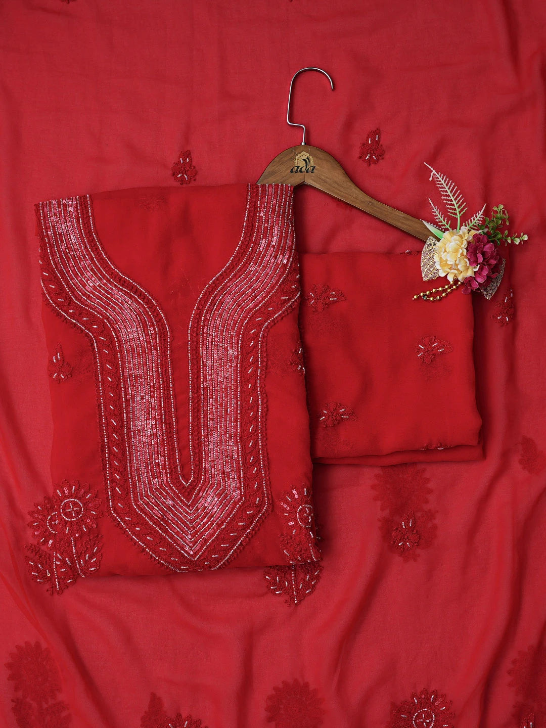 Ada Hand Embroidered Red Georgette Lucknowi Chikankari Unstitched Suit Piece With Cutdana Work 01A713315