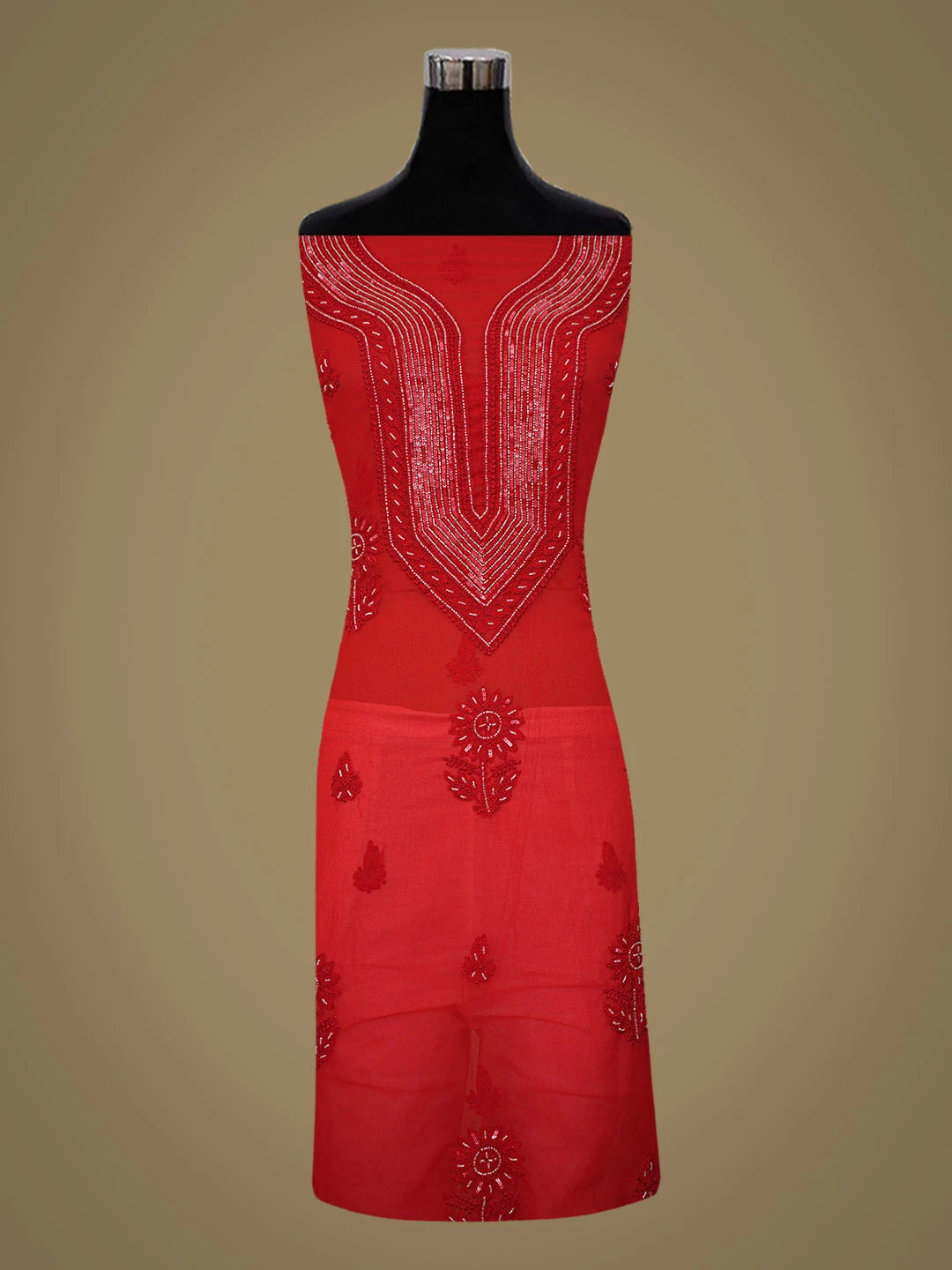 Ada Hand Embroidered Red Georgette Lucknowi Chikankari Unstitched Suit Piece With Cutdana Work 01A713315