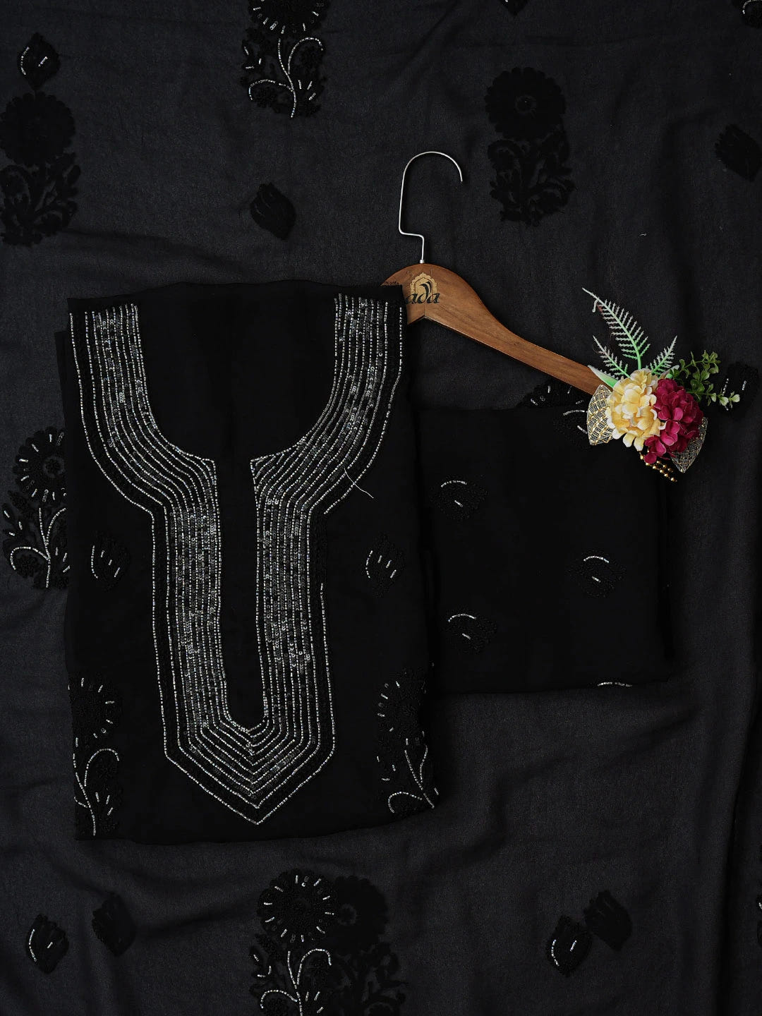 Ada Hand Embroidered Black Georgette Lucknowi Chikankari Unstitched Suit Piece With Cutdana Work 01A713308