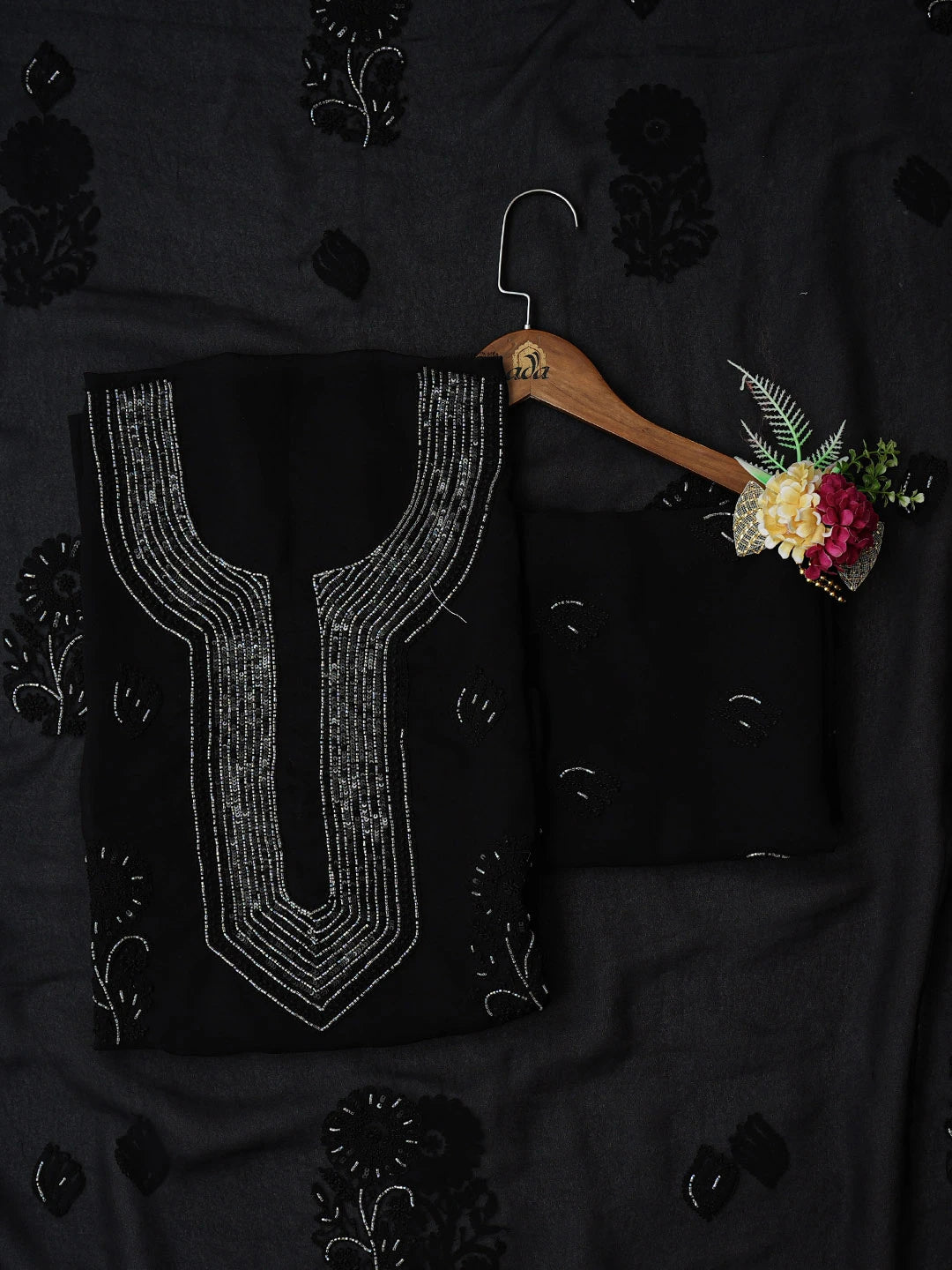 Ada Hand Embroidered Black Georgette Lucknowi Chikankari Unstitched Suit Piece With Cutdana Work 01A713308