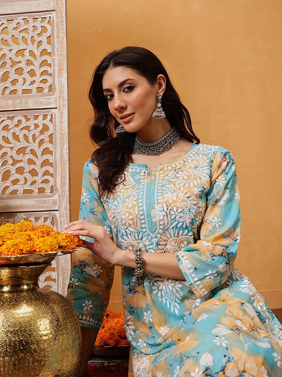 Ada Hand Embroidered Floral Printed Firozi and Peach Cotton Lucknowi Chikankari Co-Ord Set A811312