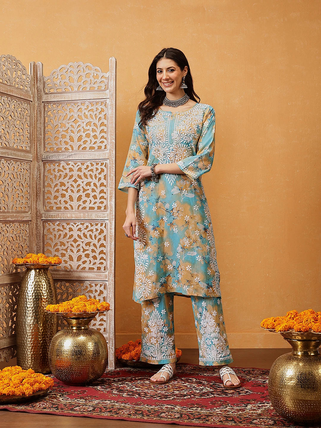 Ada Hand Embroidered Floral Printed Firozi and Peach Cotton Lucknowi Chikankari Co-Ord Set A811312