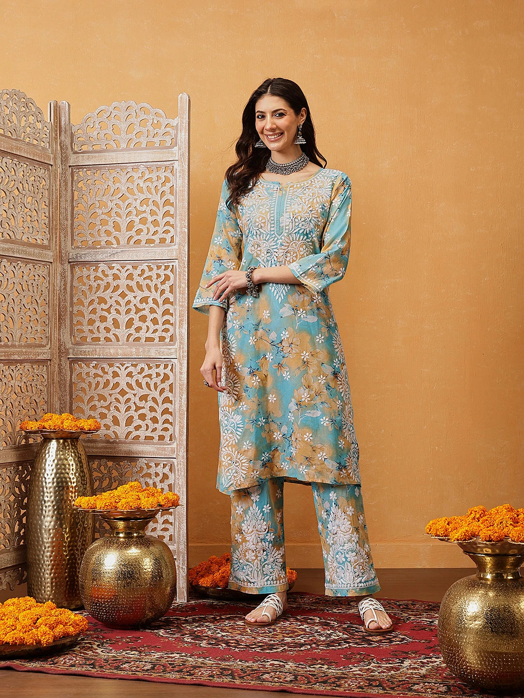 Ada Hand Embroidered Floral Printed Firozi and Peach Cotton Lucknowi Chikankari Co-Ord Set A811312