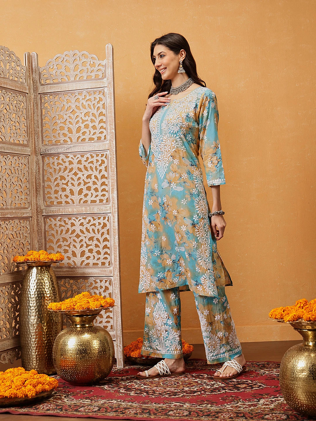 Ada Hand Embroidered Floral Printed Firozi and Peach Cotton Lucknowi Chikankari Co-Ord Set A811312