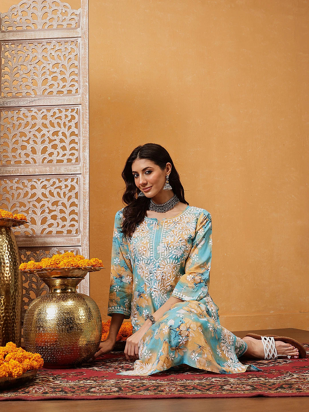 Ada Hand Embroidered Floral Printed Firozi and Peach Cotton Lucknowi Chikankari Co-Ord Set A811312