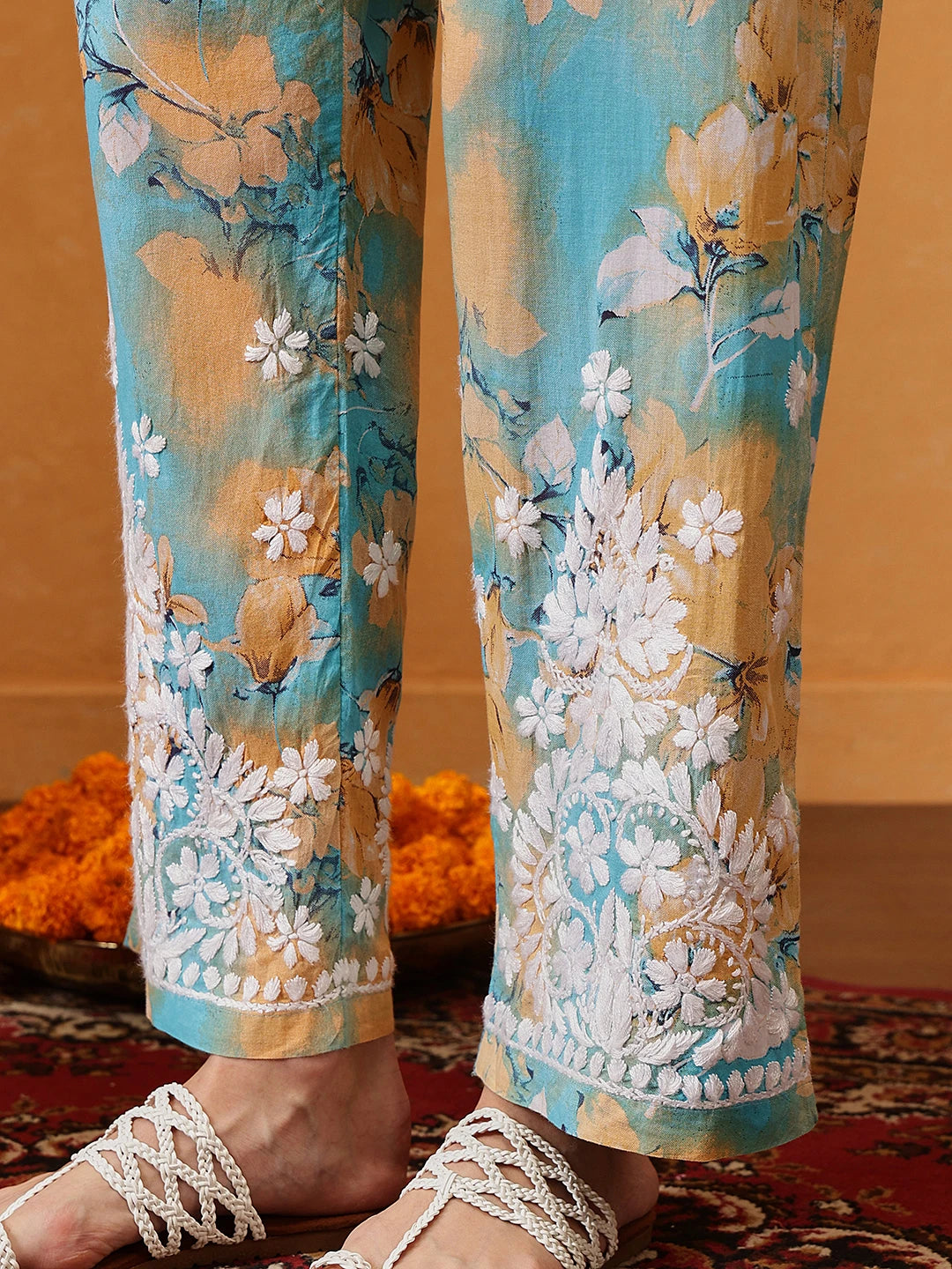 Ada Hand Embroidered Floral Printed Firozi and Peach Cotton Lucknowi Chikankari Co-Ord Set A811312