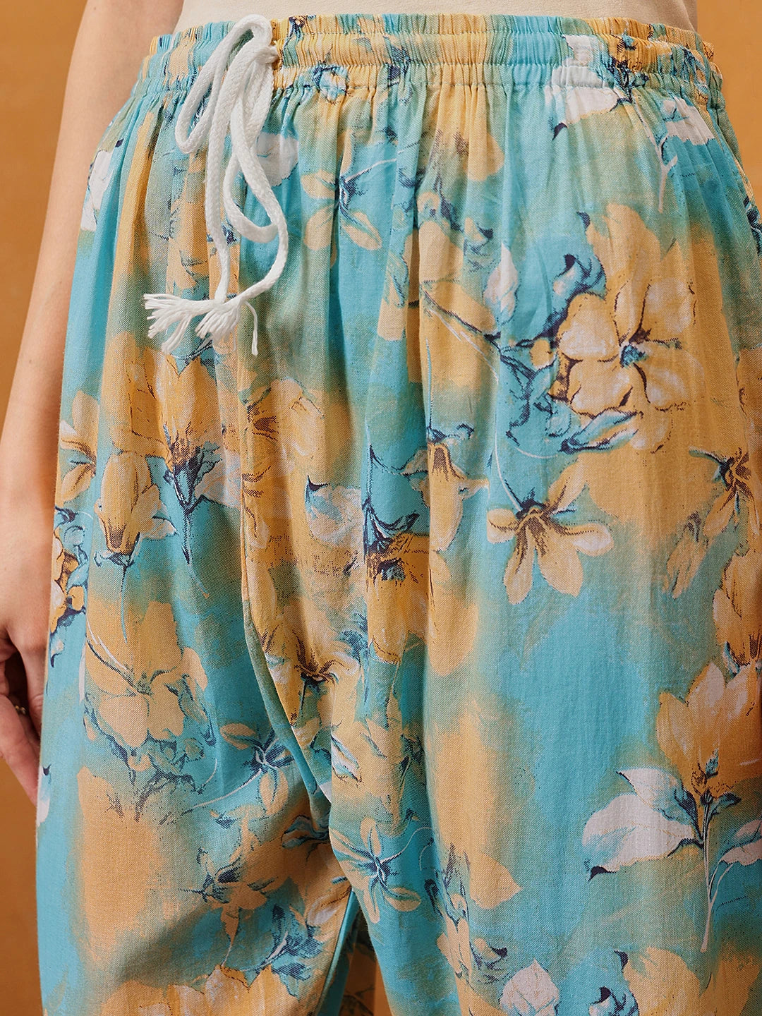 Ada Hand Embroidered Floral Printed Firozi and Peach Cotton Lucknowi Chikankari Co-Ord Set A811312