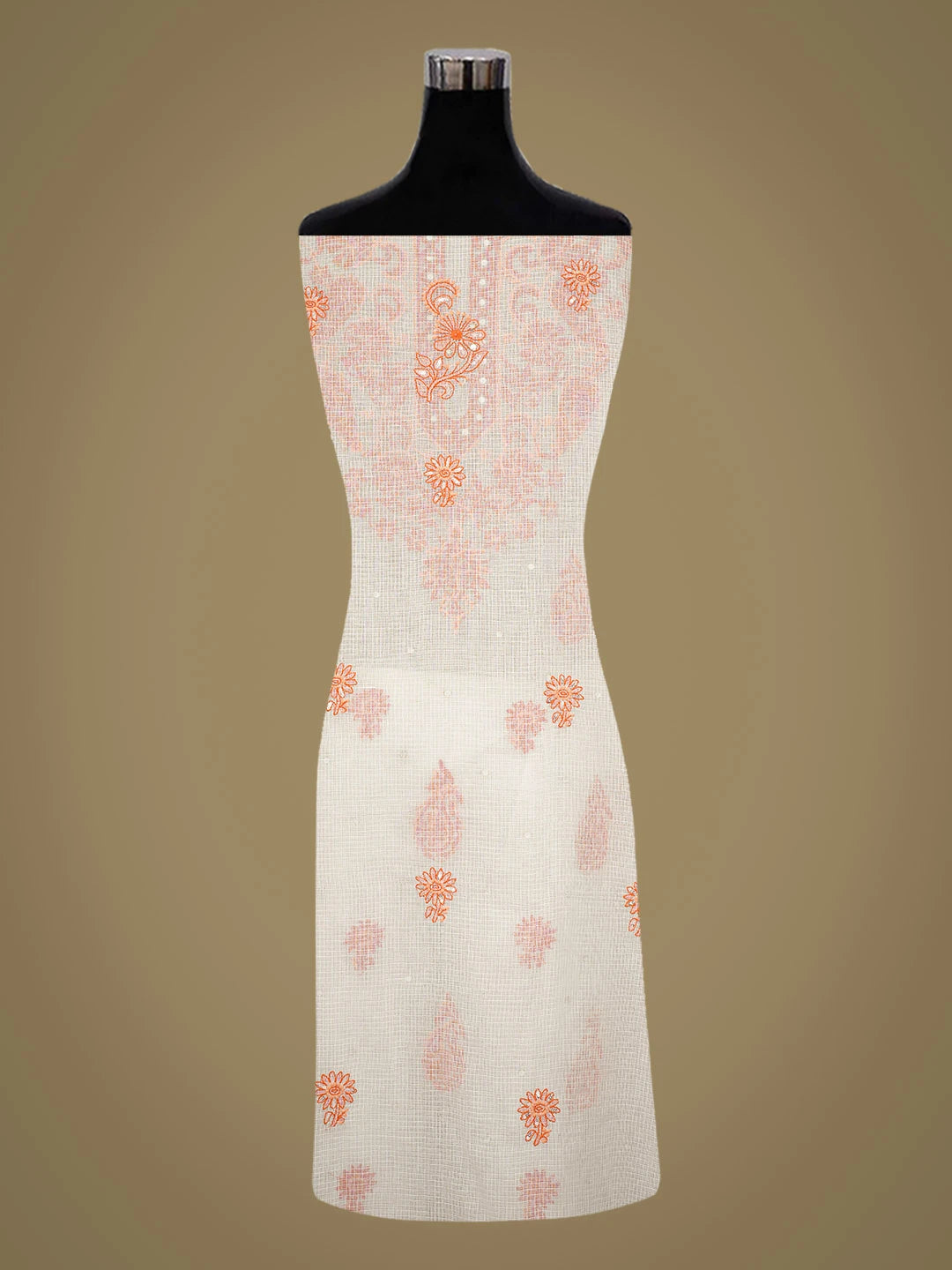 Ada Hand Embroidered White Kota Lucknowi Chikankari Unstitched Kurta Dupatta Set With Mirror Work 01A384895
