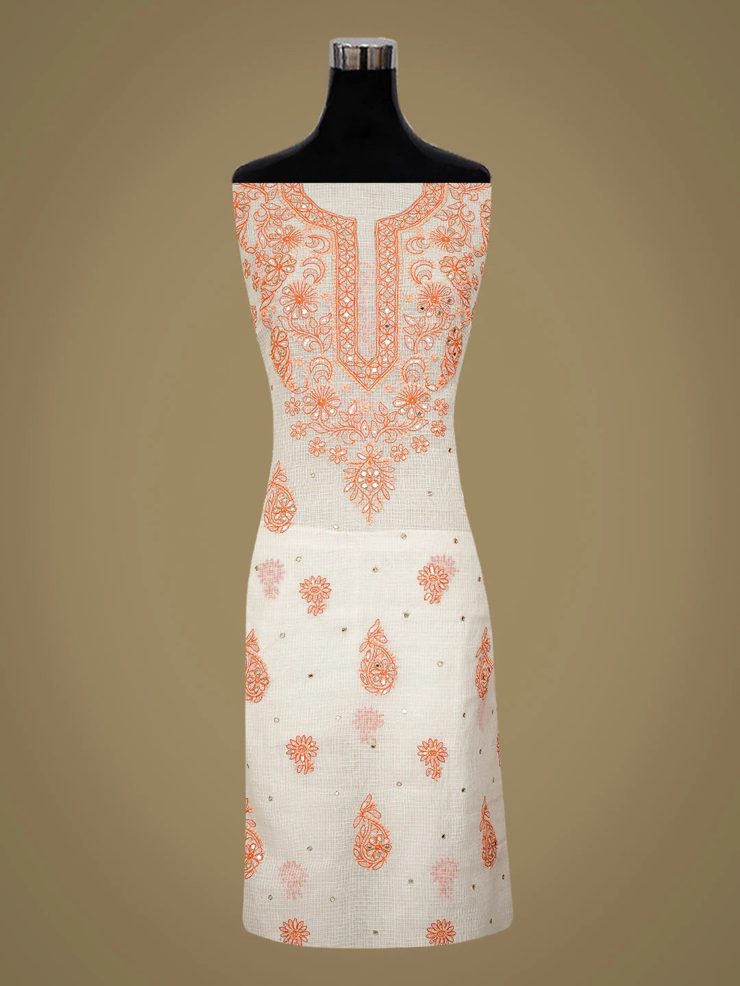 Ada Hand Embroidered White Kota Lucknowi Chikankari Unstitched Kurta Dupatta Set With Mirror Work 01A384895