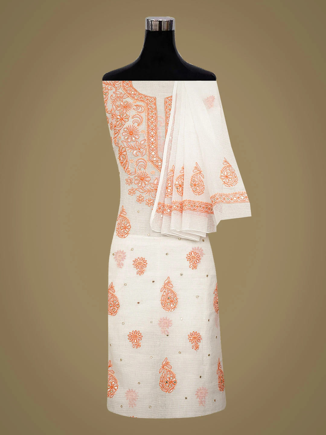 Ada Hand Embroidered White Kota Lucknowi Chikankari Unstitched Kurta Dupatta Set With Mirror Work 01A384895