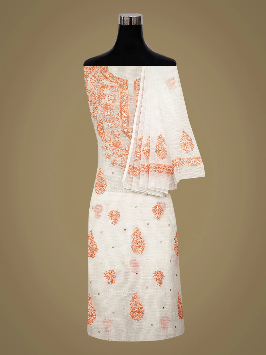Ada Hand Embroidered White Kota Lucknowi Chikankari Unstitched Kurta Dupatta Set With Mirror Work 01A384895