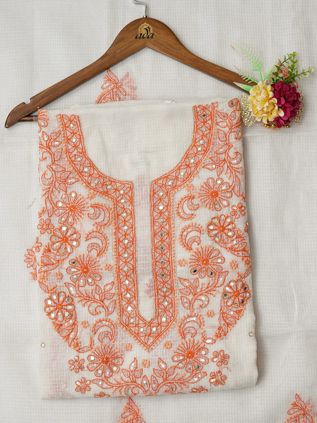 Ada Hand Embroidered White Kota Lucknowi Chikankari Unstitched Kurta Dupatta Set With Mirror Work 01A384895
