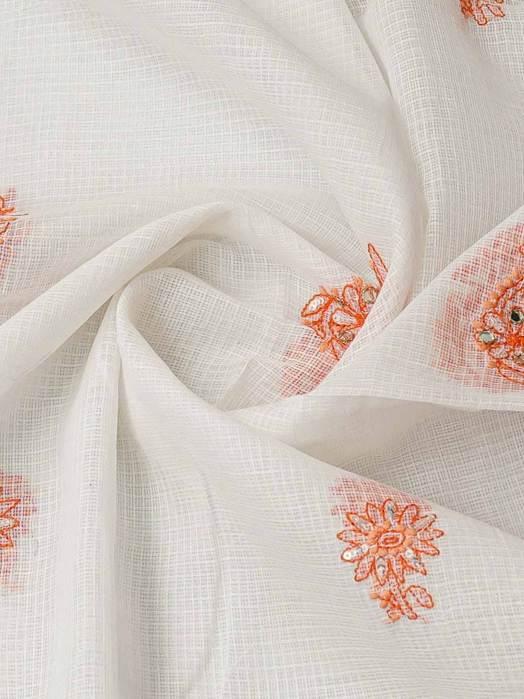 Ada Hand Embroidered White Kota Lucknowi Chikankari Unstitched Kurta Dupatta Set With Mirror Work 01A384895