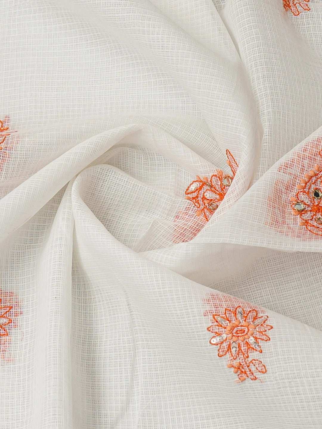 Ada Hand Embroidered White Kota Lucknowi Chikankari Unstitched Kurta Dupatta Set With Mirror Work 01A384895