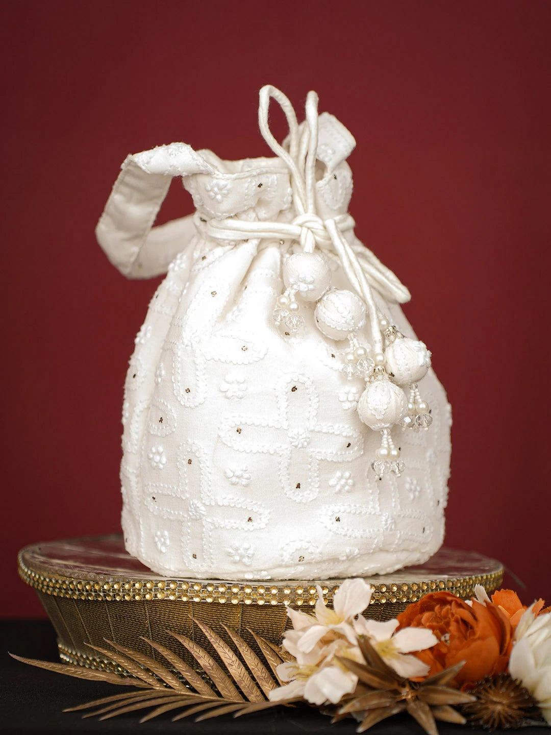 Ada Hand Embroidered White Pure Georgette Lucknowi Chikankari Potli Bag With Muqaish Work 01A726990