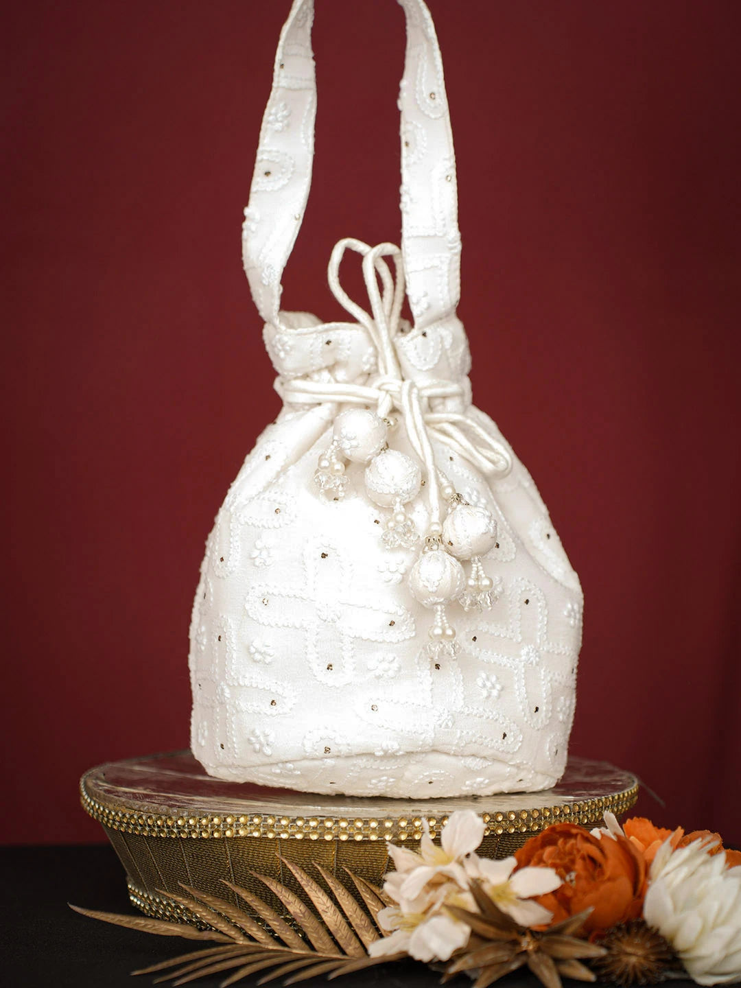 Ada Hand Embroidered White Pure Georgette Lucknowi Chikankari Potli Bag With Muqaish Work 01A726990