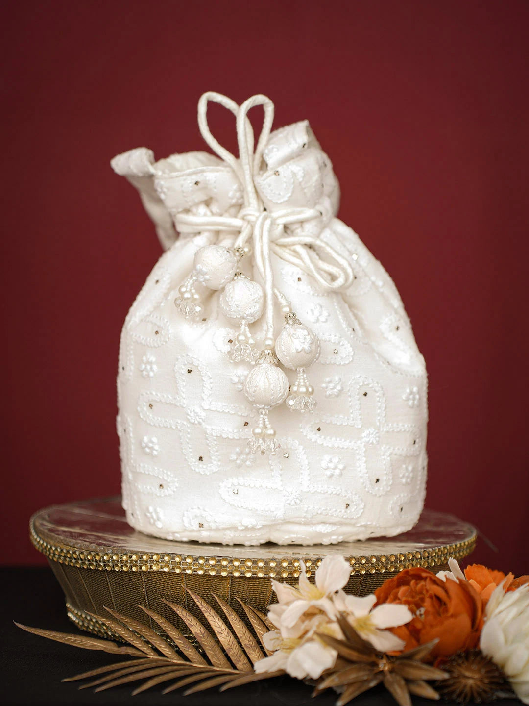 Ada Hand Embroidered White Pure Georgette Lucknowi Chikankari Potli Bag With Muqaish Work 01A726990