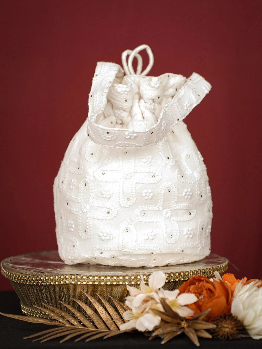 Ada Hand Embroidered White Pure Georgette Lucknowi Chikankari Potli Bag With Muqaish Work 01A726990