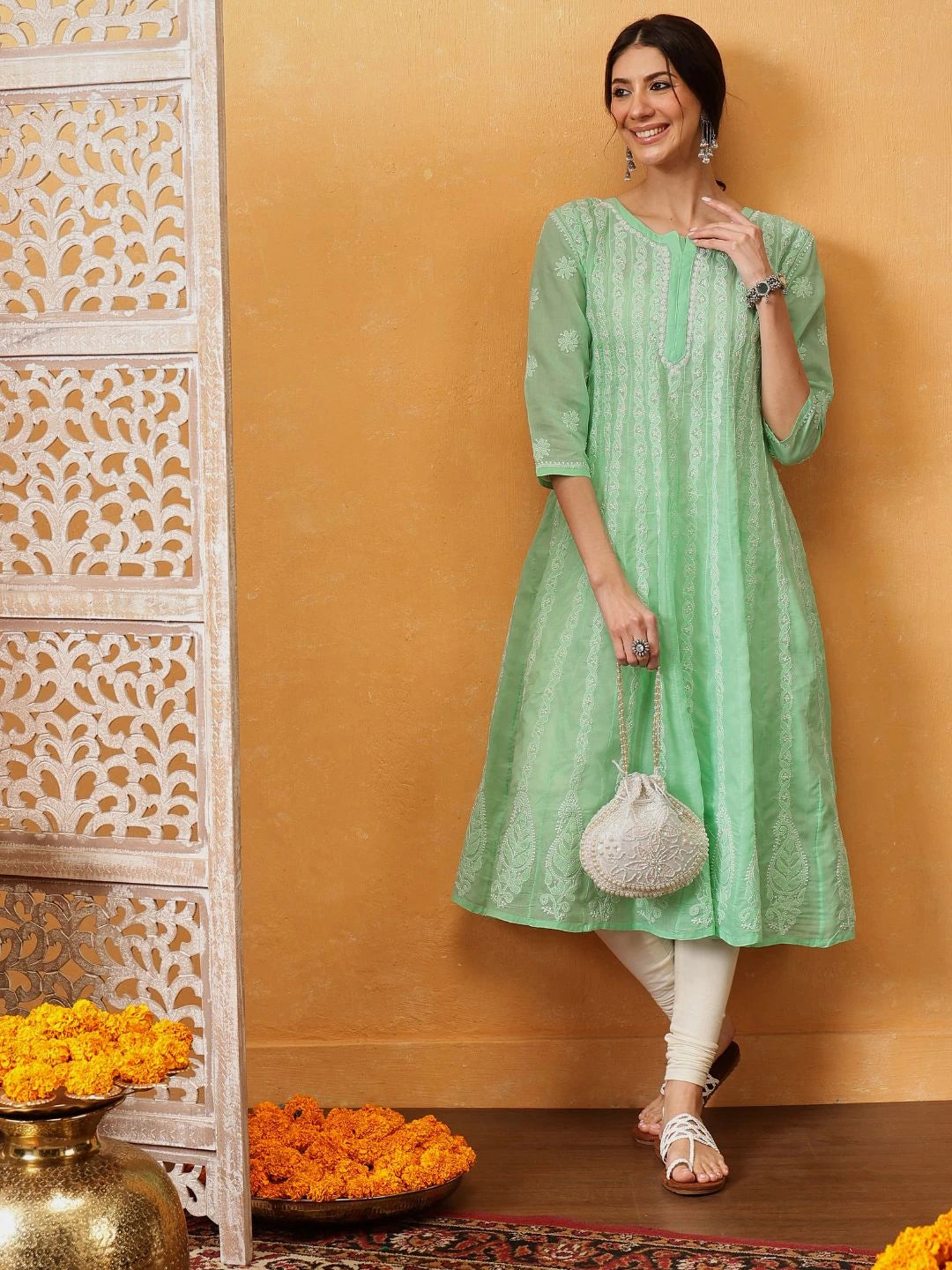 Ada Hand Embroidered Dark Sea Green Cotton Lucknowi Chikankari Anarkali A-line Kurta A411754