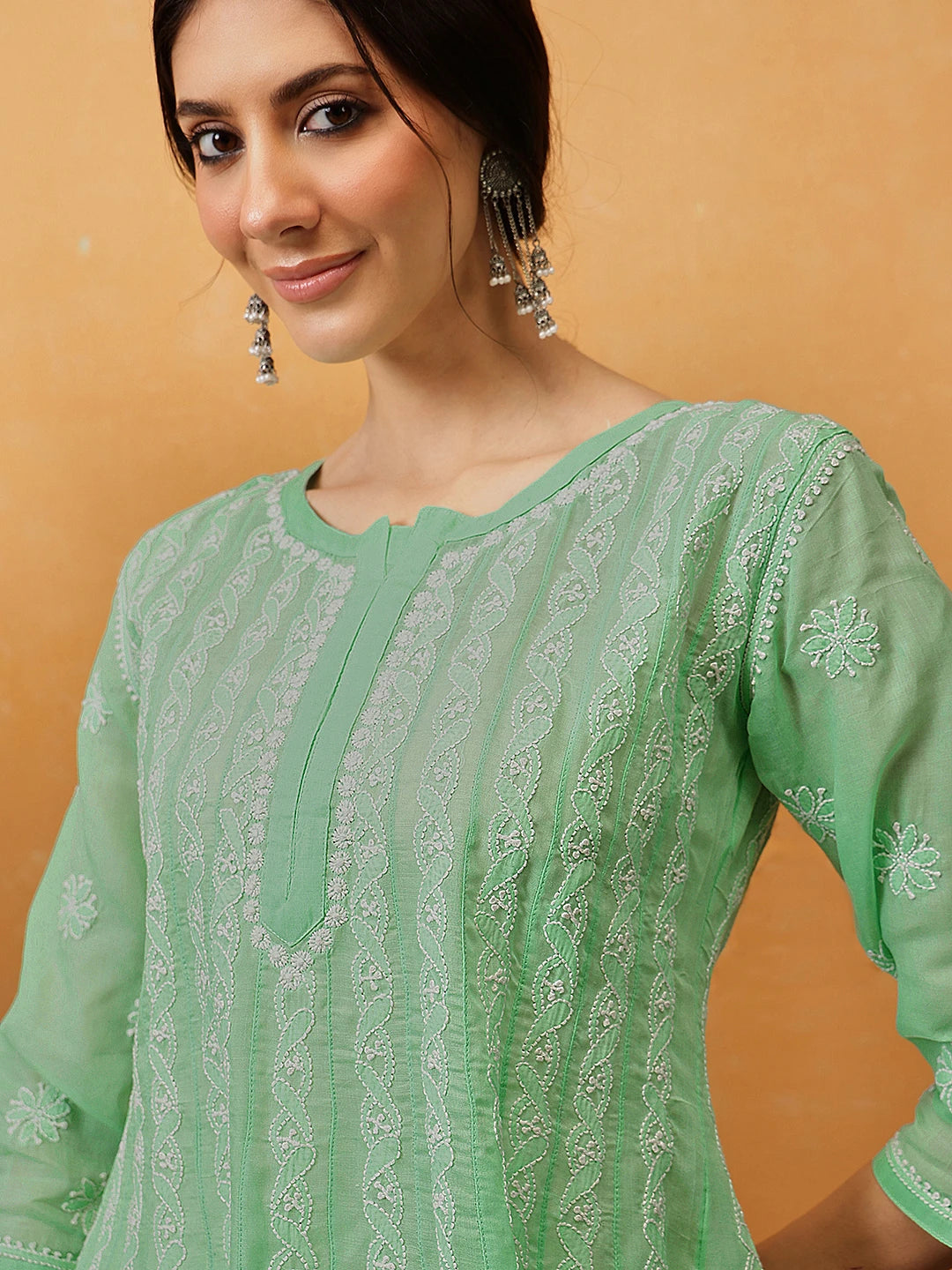 Ada Hand Embroidered Dark Sea Green Cotton Lucknowi Chikankari Anarkali A-line Kurta A411754