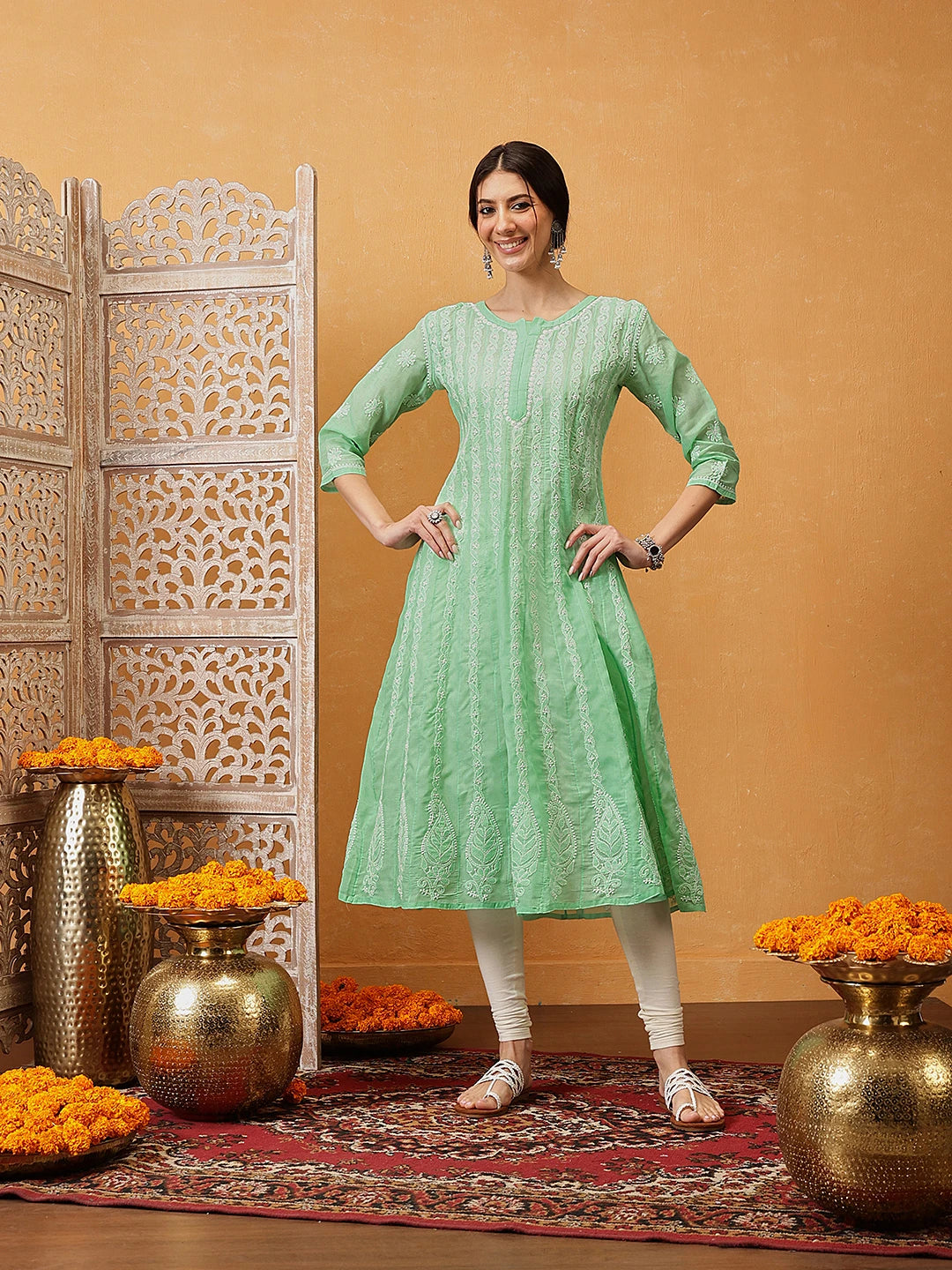 Ada Hand Embroidered Dark Sea Green Cotton Lucknowi Chikankari Anarkali A-line Kurta A411754