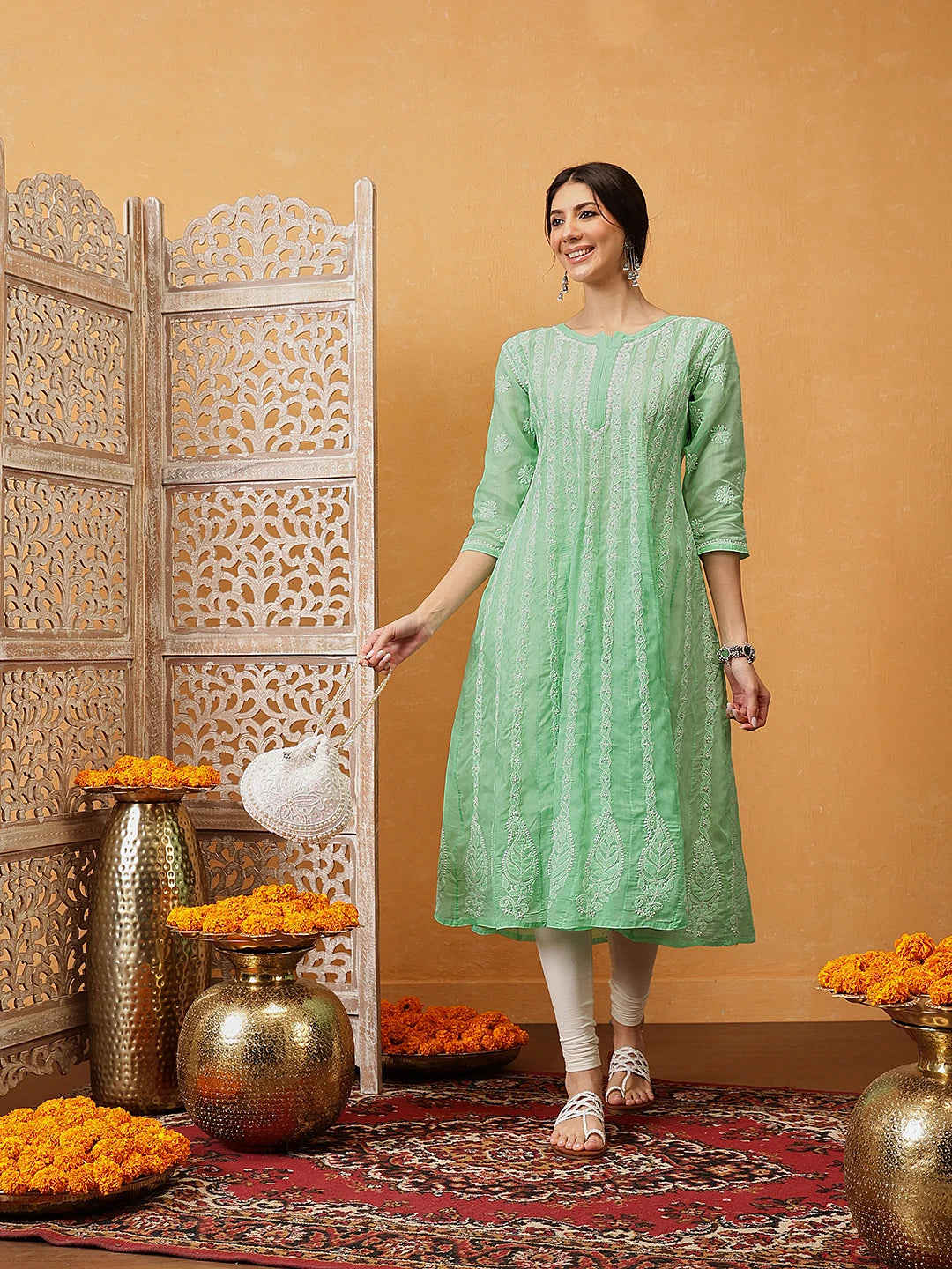 Ada Hand Embroidered Dark Sea Green Cotton Lucknowi Chikankari Anarkali A-line Kurta A411754