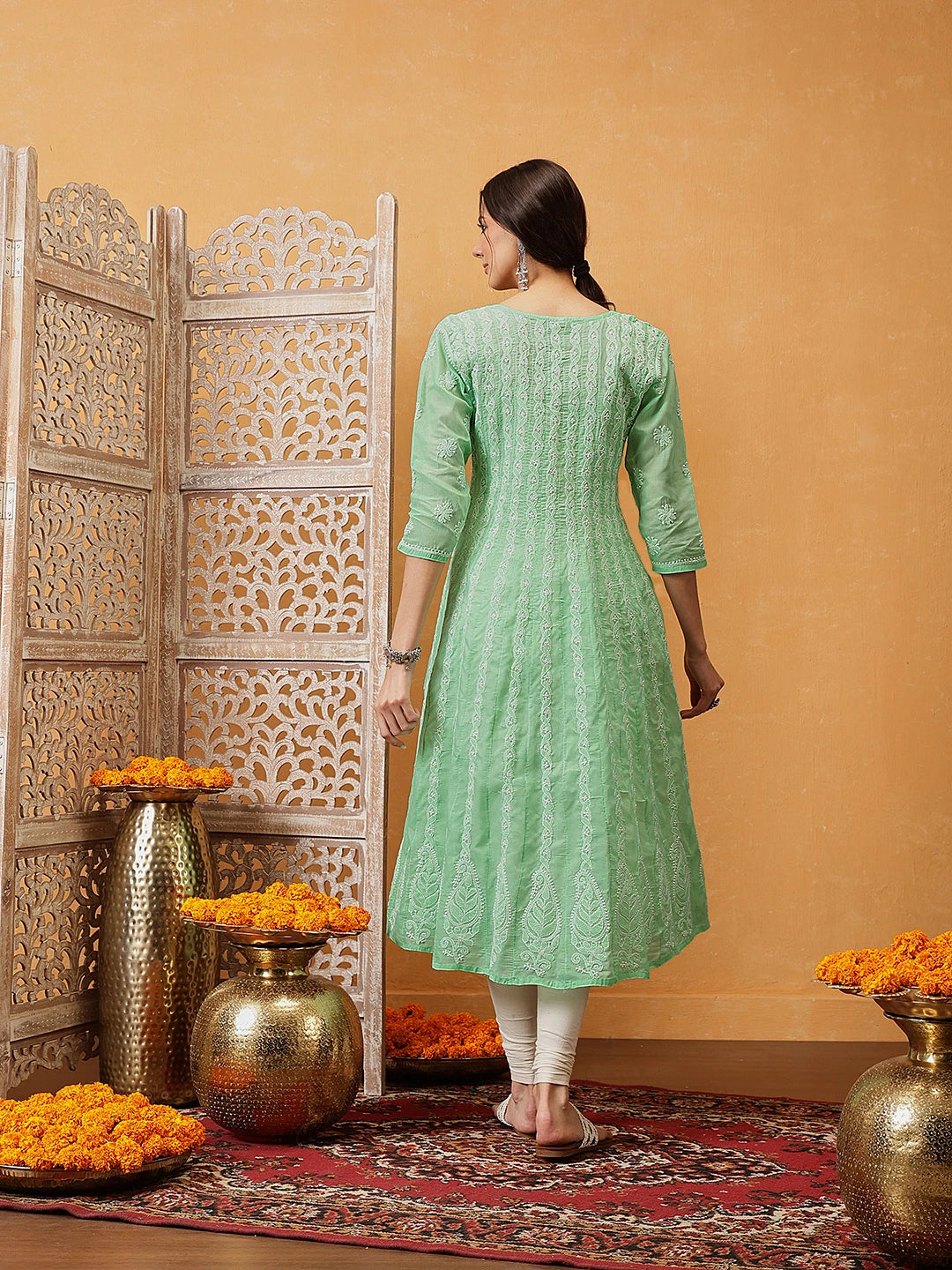 Ada Hand Embroidered Dark Sea Green Cotton Lucknowi Chikankari Anarkali A-line Kurta A411754