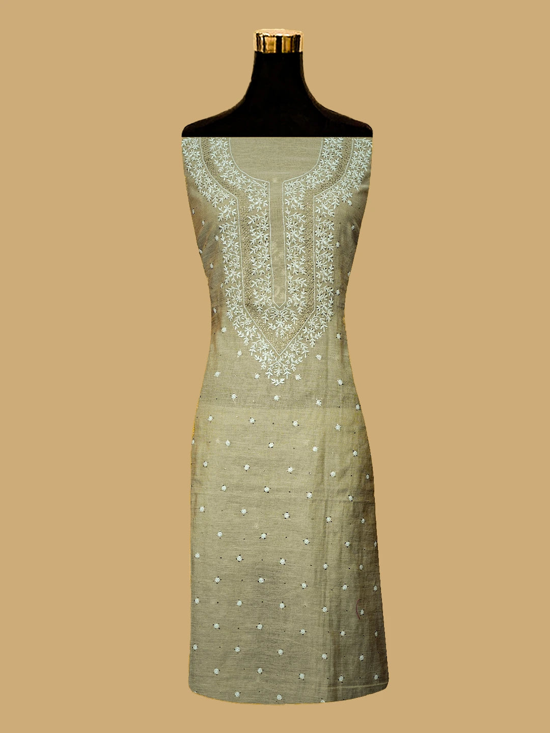 Ada Hand Embroidered Fawn Tissue Lucknowi Chikankari Unstitched Kurta Dupatta Set With Mukaish Work 01A682616