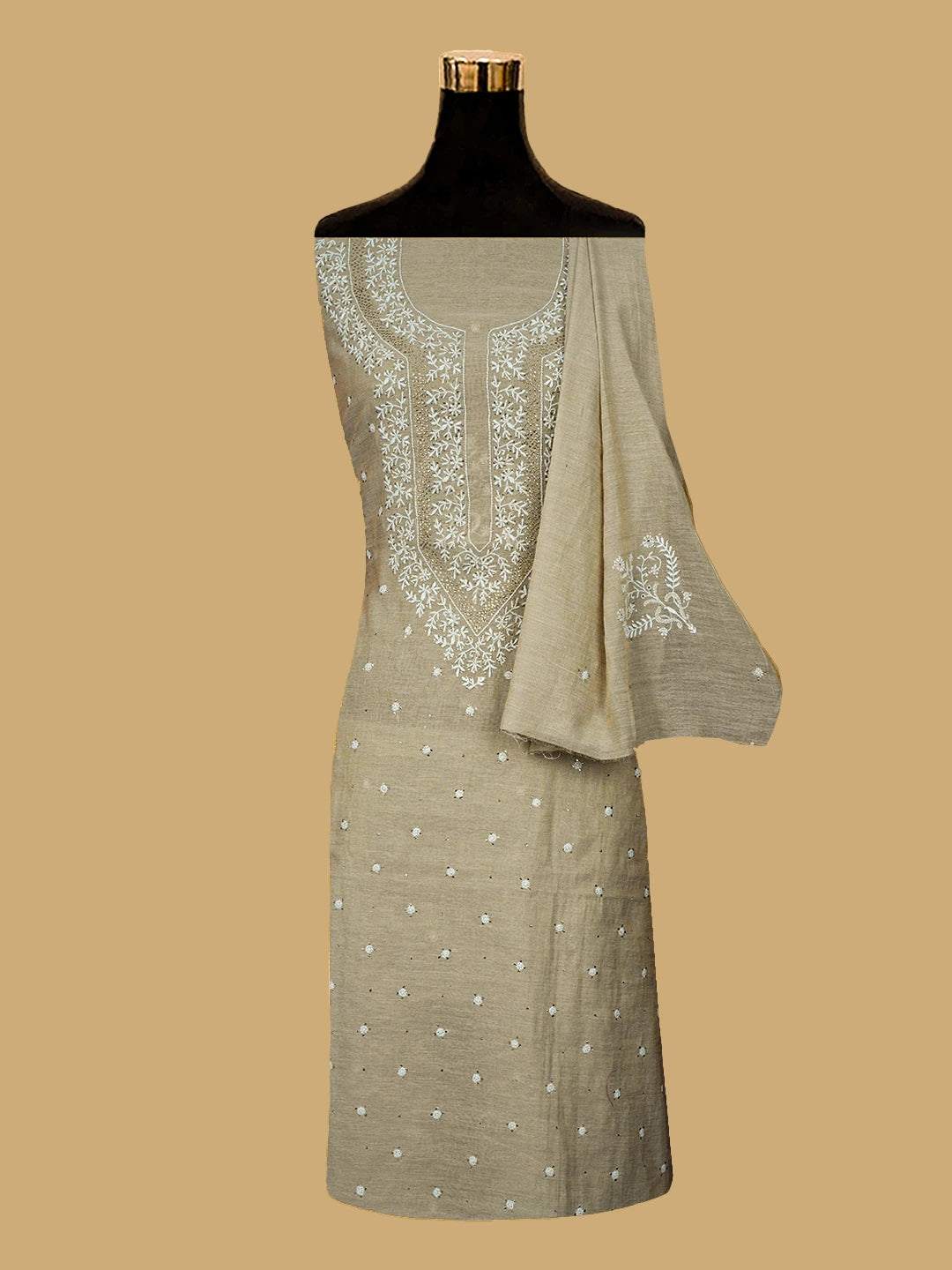Ada Hand Embroidered Fawn Tissue Lucknowi Chikankari Unstitched Kurta Dupatta Set With Mukaish Work 01A682616