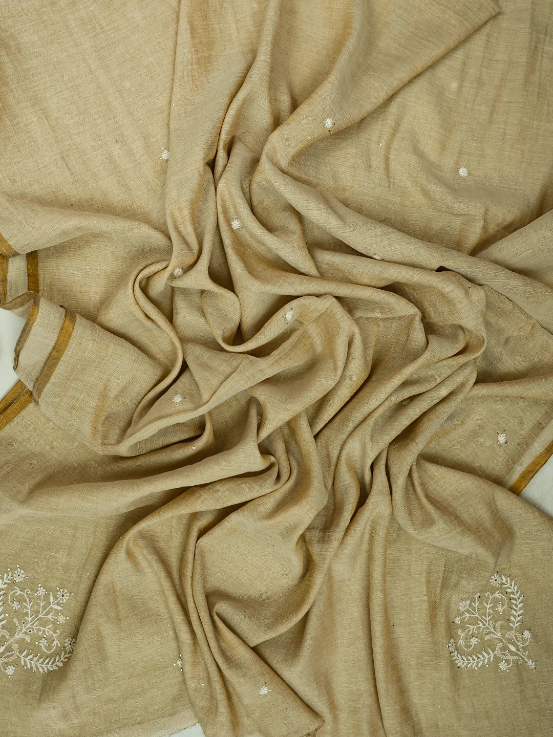 Ada Hand Embroidered Fawn Tissue Lucknowi Chikankari Unstitched Kurta Dupatta Set With Mukaish Work 01A682616