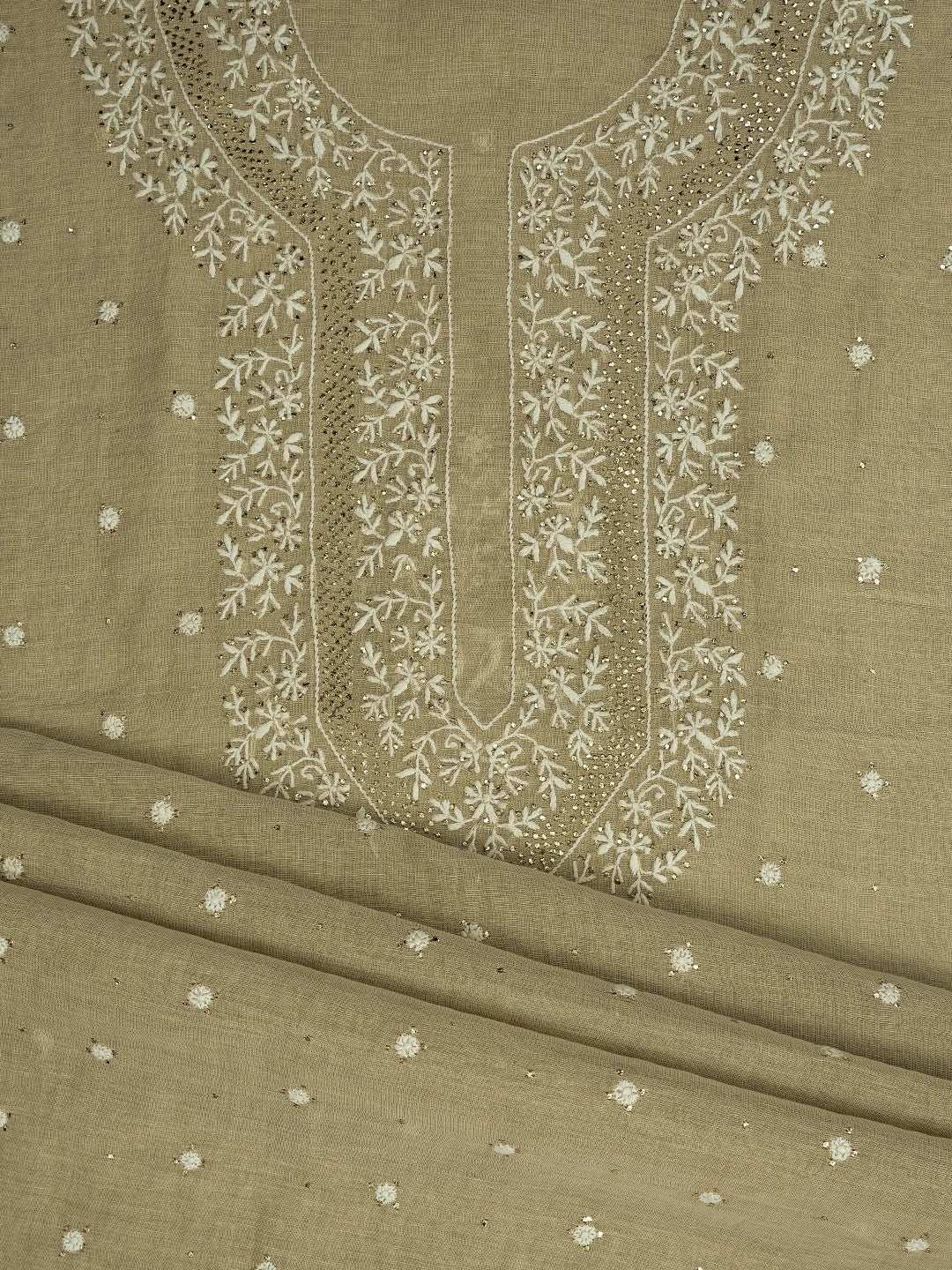 Ada Hand Embroidered Fawn Tissue Lucknowi Chikankari Unstitched Kurta Dupatta Set With Mukaish Work 01A682616