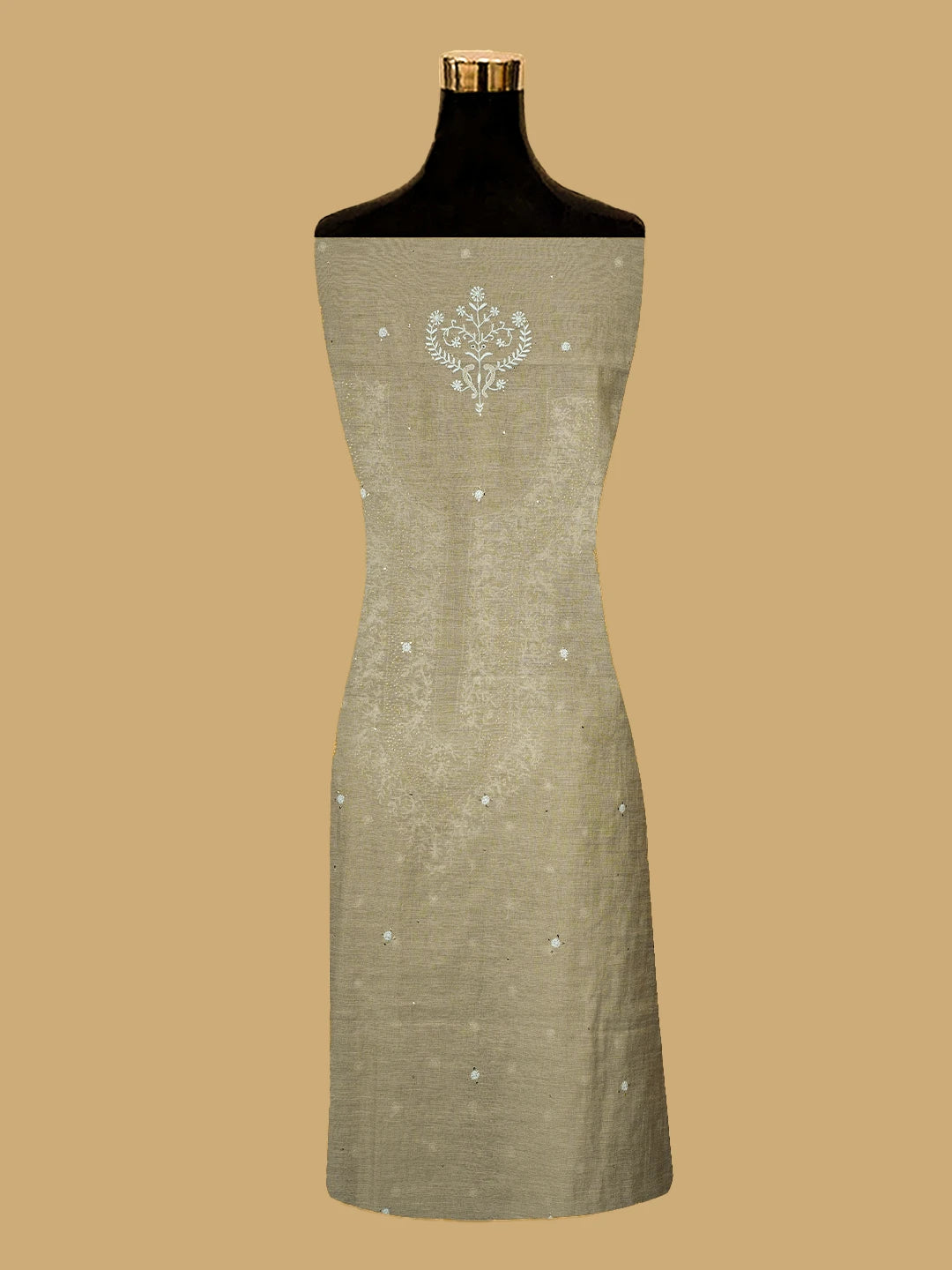 Ada Hand Embroidered Fawn Tissue Lucknowi Chikankari Unstitched Kurta Dupatta Set With Mukaish Work 01A682616