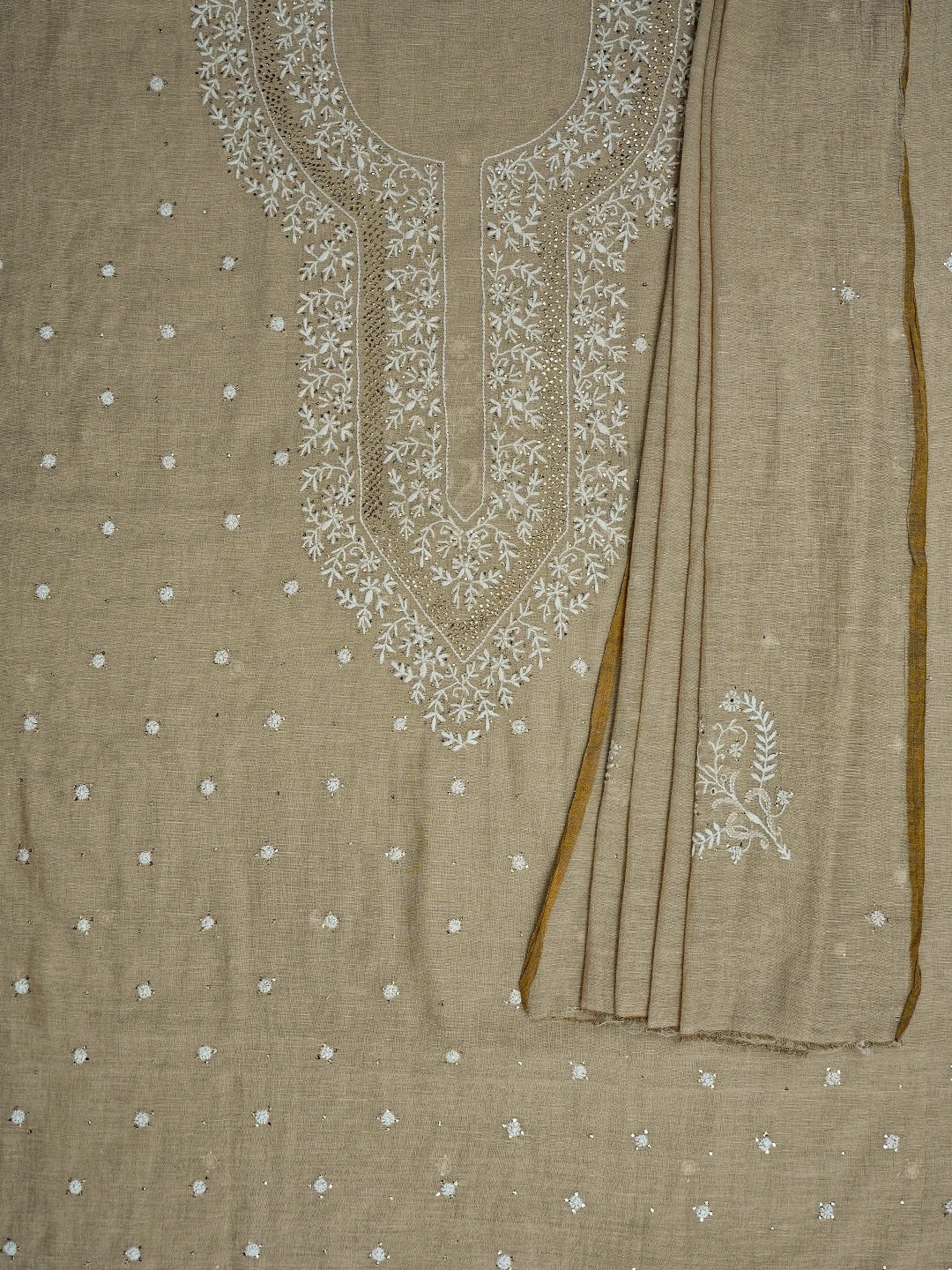 Ada Hand Embroidered Fawn Tissue Lucknowi Chikankari Unstitched Kurta Dupatta Set With Mukaish Work 01A682616