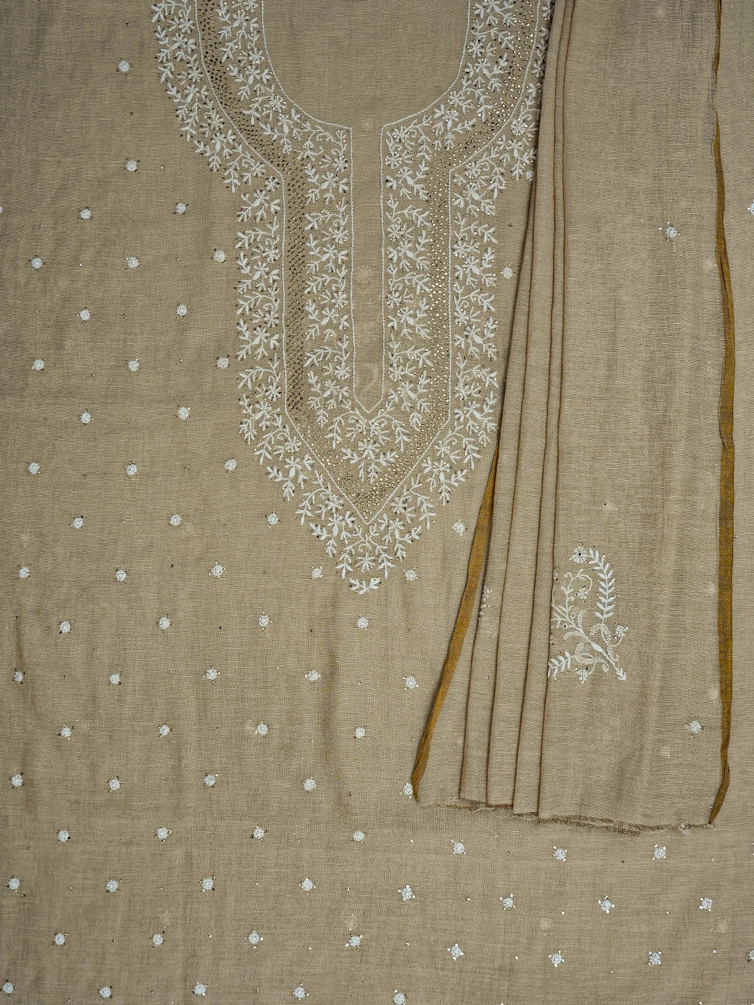 Ada Hand Embroidered Fawn Tissue Lucknowi Chikankari Unstitched Kurta Dupatta Set With Mukaish Work 01A682616