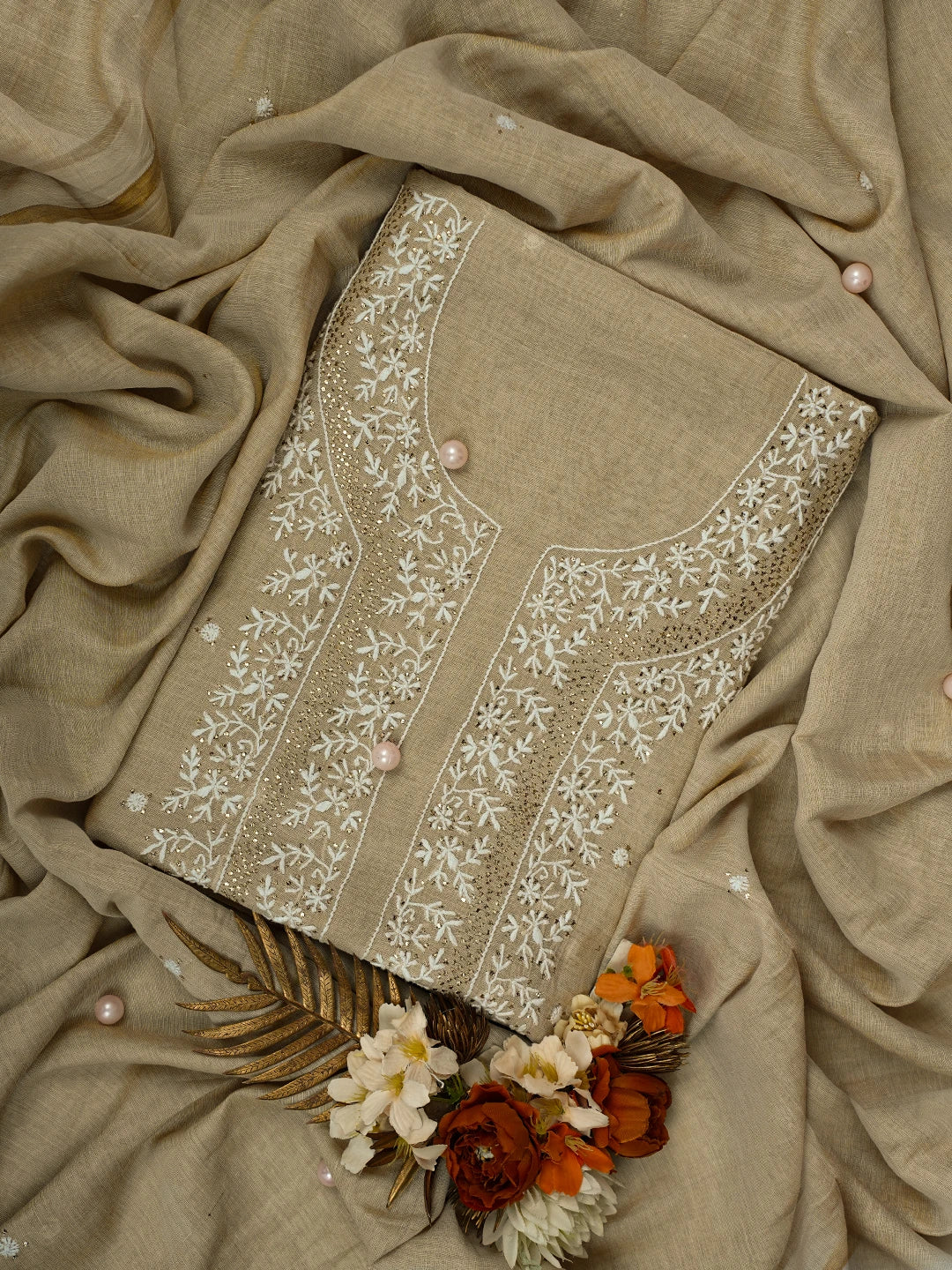 Ada Hand Embroidered Fawn Tissue Lucknowi Chikankari Unstitched Kurta Dupatta Set With Mukaish Work 01A682616