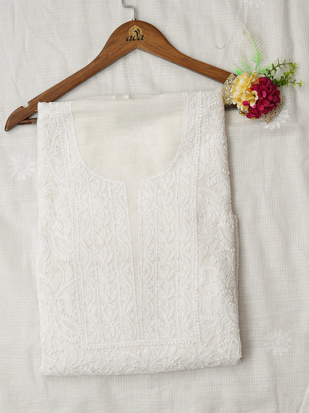 Ada Hand Embroidered White Kota Lucknowi Chikankari Unstitched Kurta Dupatta Set 01A581987